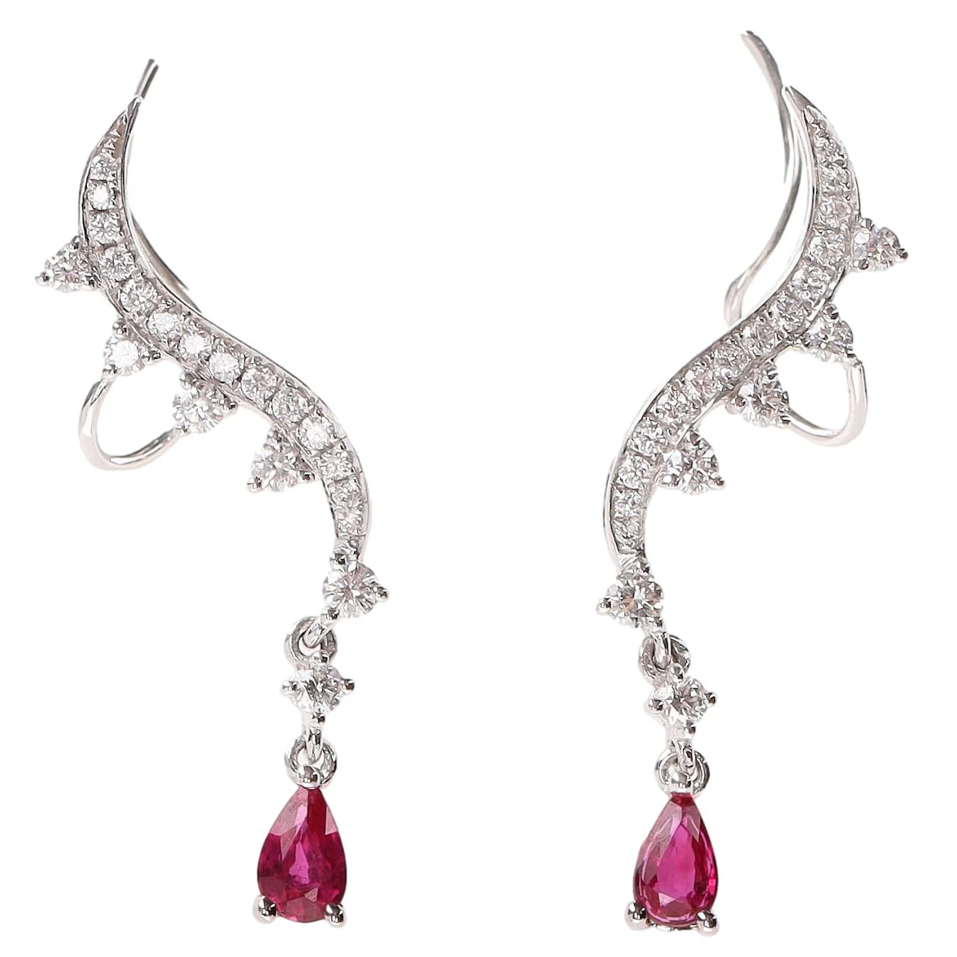 Aureliean Lover's Ruby & Diamond Ear Climber Earrings In 18k White Gold