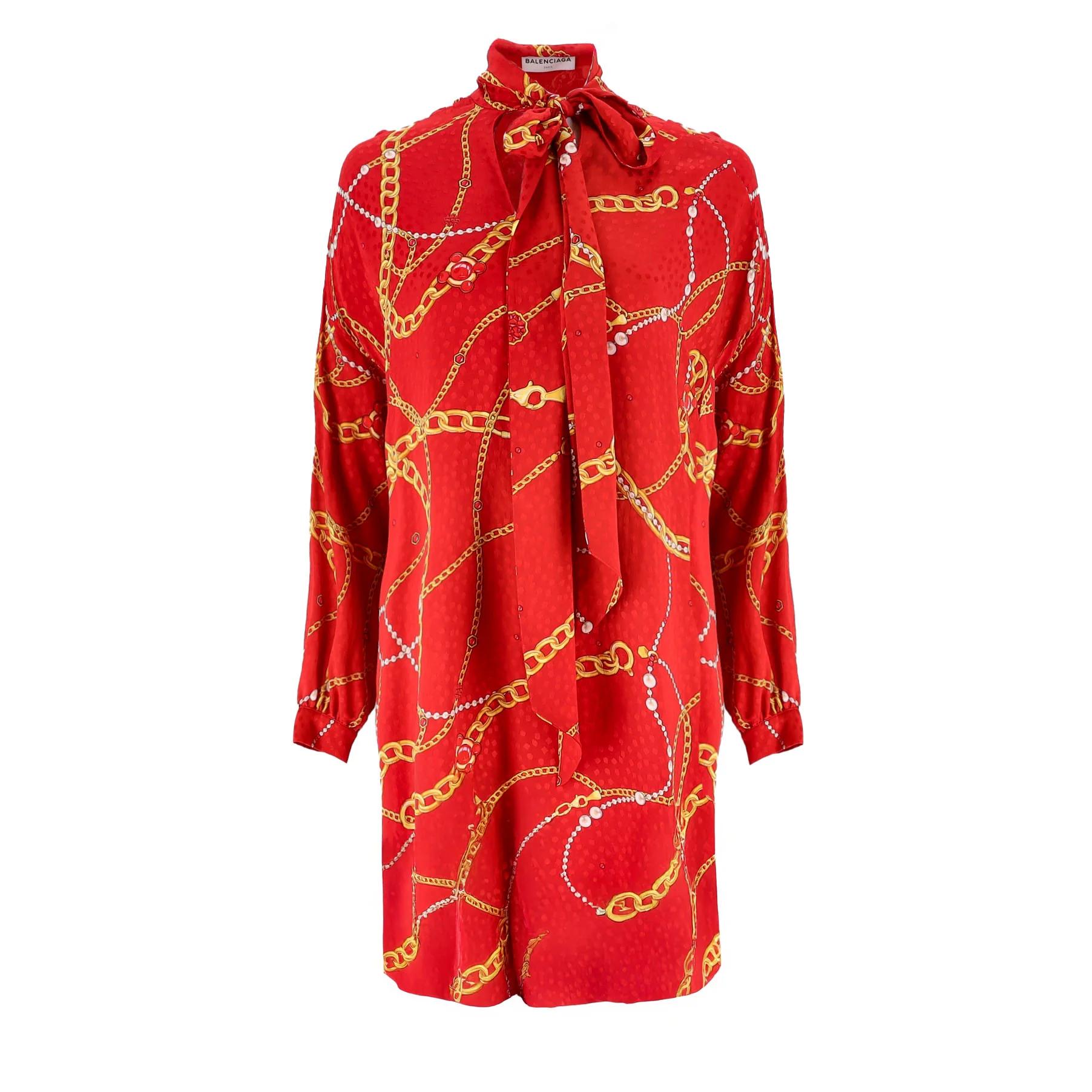 Balenciaga Chain-Print Silk Tie-Neck Dress. Size 36FR