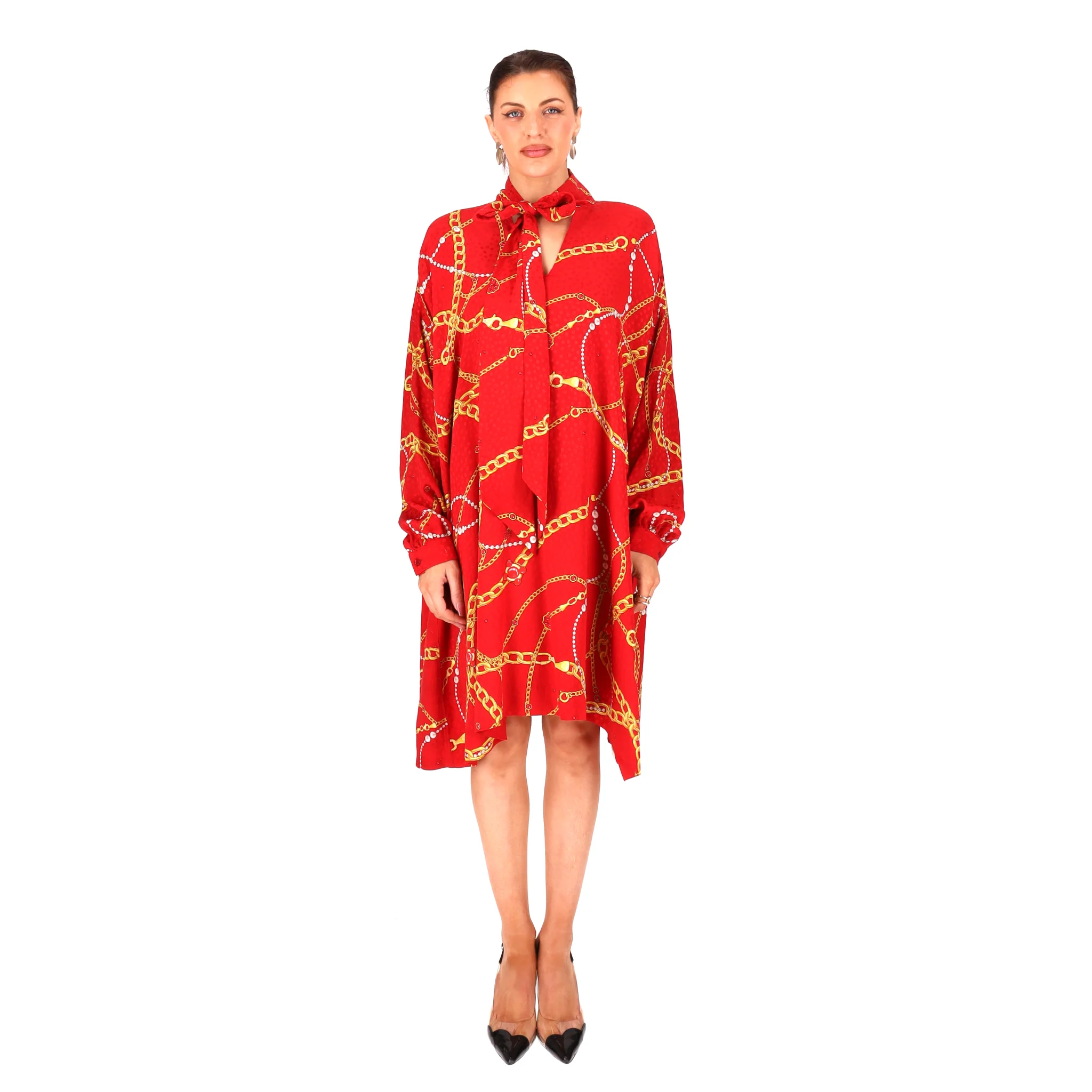 Balenciaga Chain-Print Silk Tie-Neck Dress. Size 36FR - Image 2