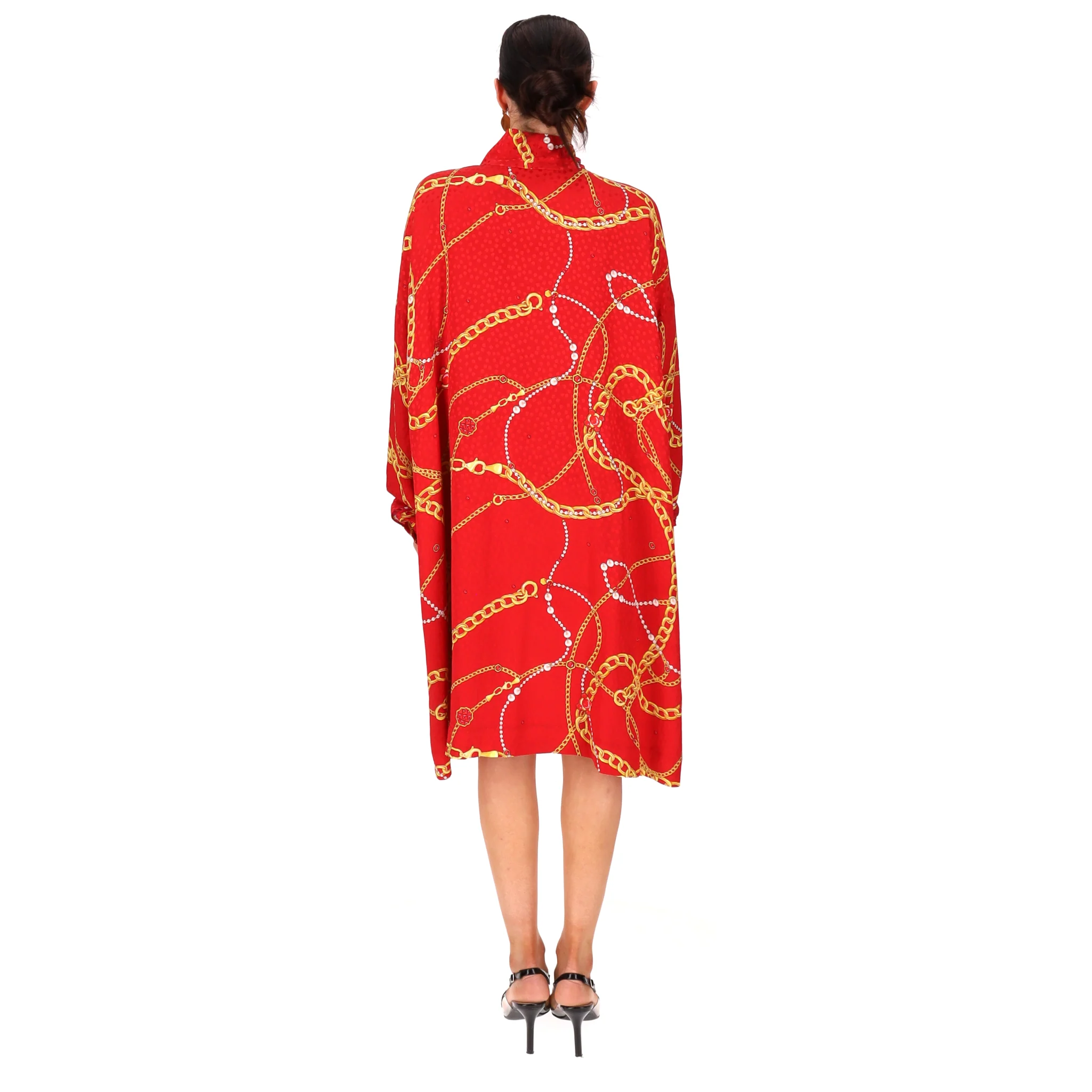 Balenciaga Chain-Print Silk Tie-Neck Dress. Size 36FR - Image 4