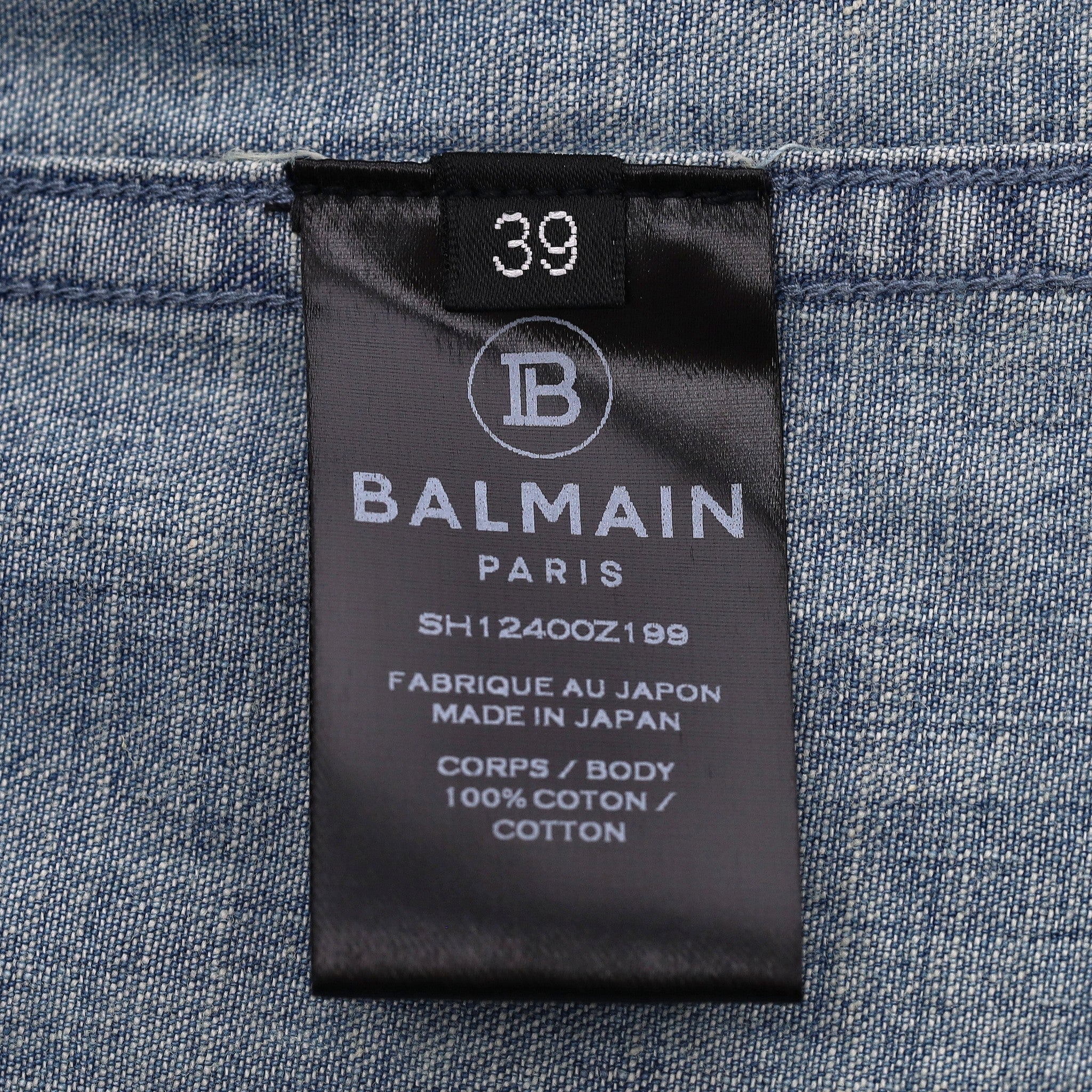 Balmain Distressed Faded Denim Shirt With Embroidered Logo Back. Size M - Image 8