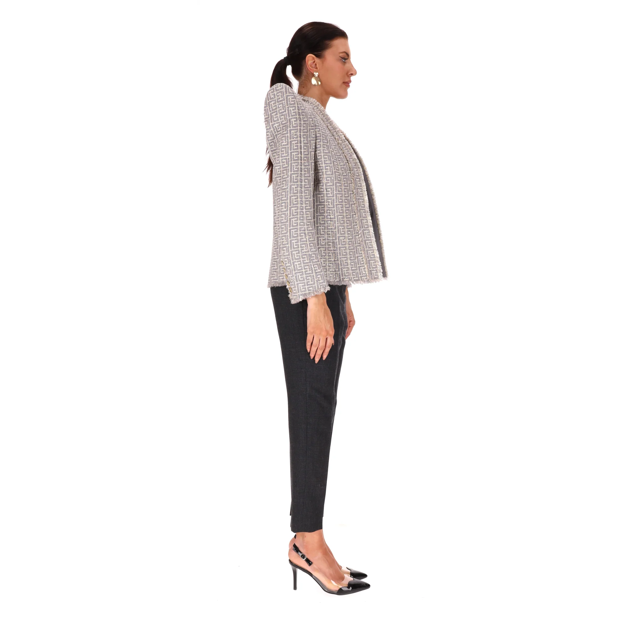 Balmain Fringed Sequin-Embellished Tweed Monogram Blazer. Size 38FR - Image 3