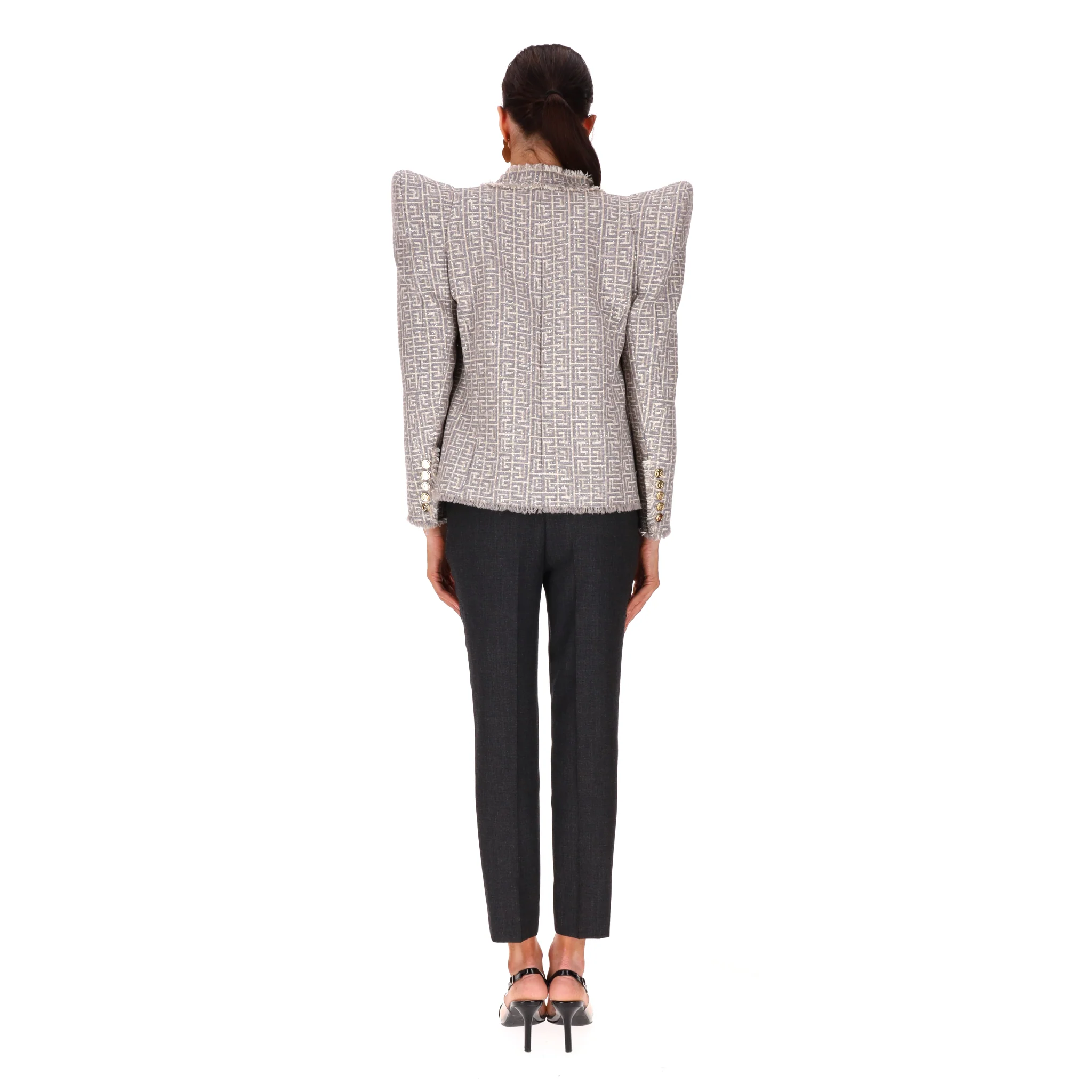 Balmain Fringed Sequin-Embellished Tweed Monogram Blazer. Size 38FR - Image 4