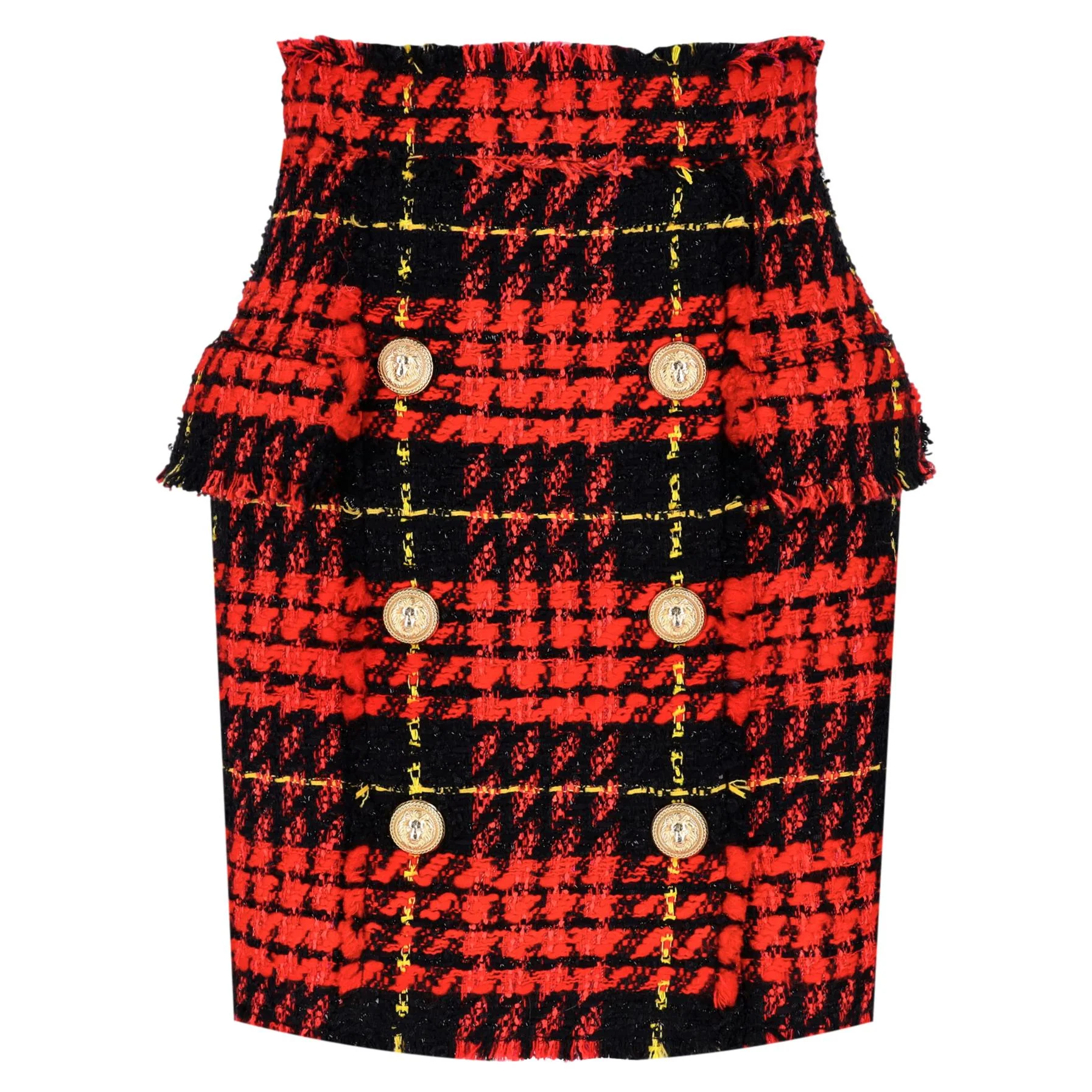 Balmain Tartan Tweed Skirt With Lion-Head Buttons. Size 36FR