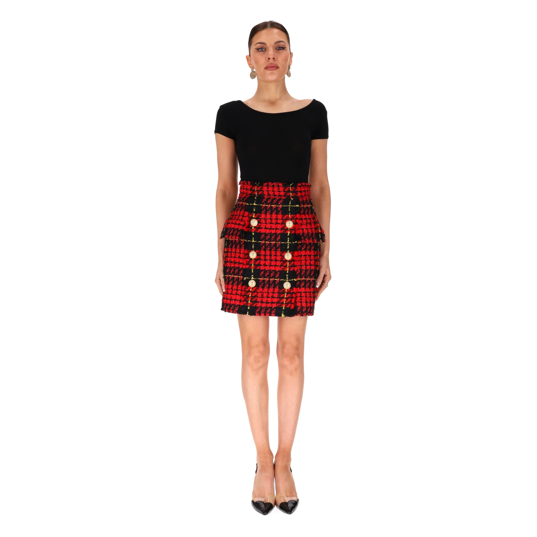 Balmain Tartan Tweed Skirt With Lion-Head Buttons. Size 36FR - Image 2