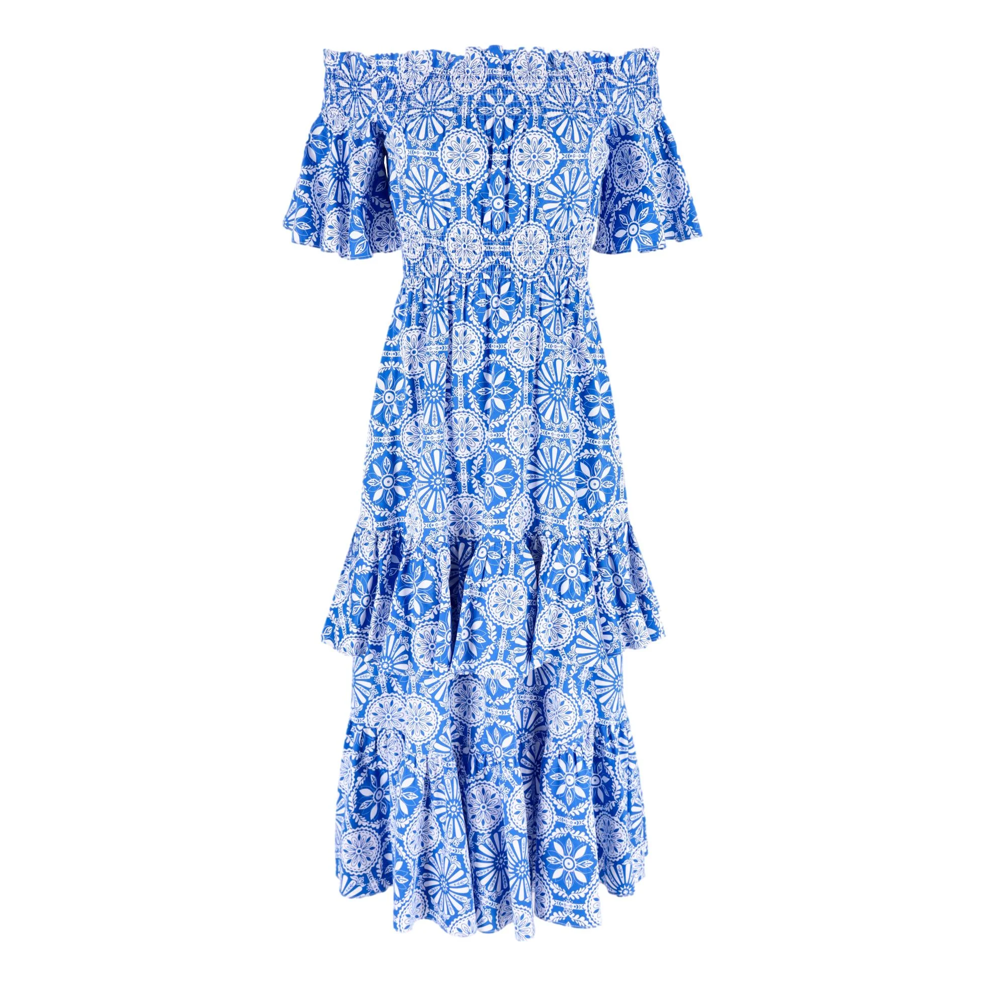 Borgo De Nor Off-Shoulder Tiered Cotton Dress. Size 8UK