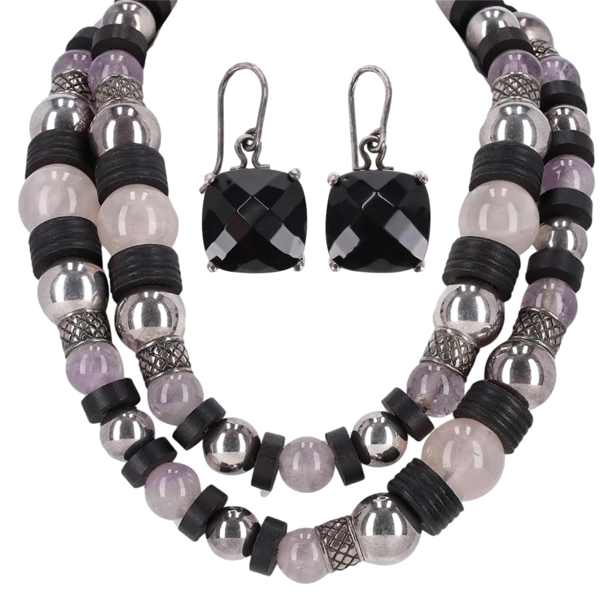Bottega Veneta Amythest, Rose Quartz, Sterling Silver & Wood Necklace with Onyx Faceted Drop Earrings