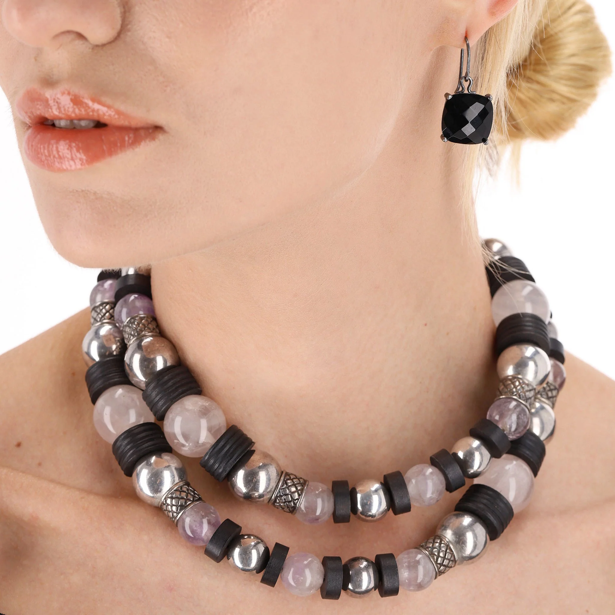 Bottega Veneta Amythest, Rose Quartz, Sterling Silver & Wood Necklace with Onyx Faceted Drop Earrings - Image 2