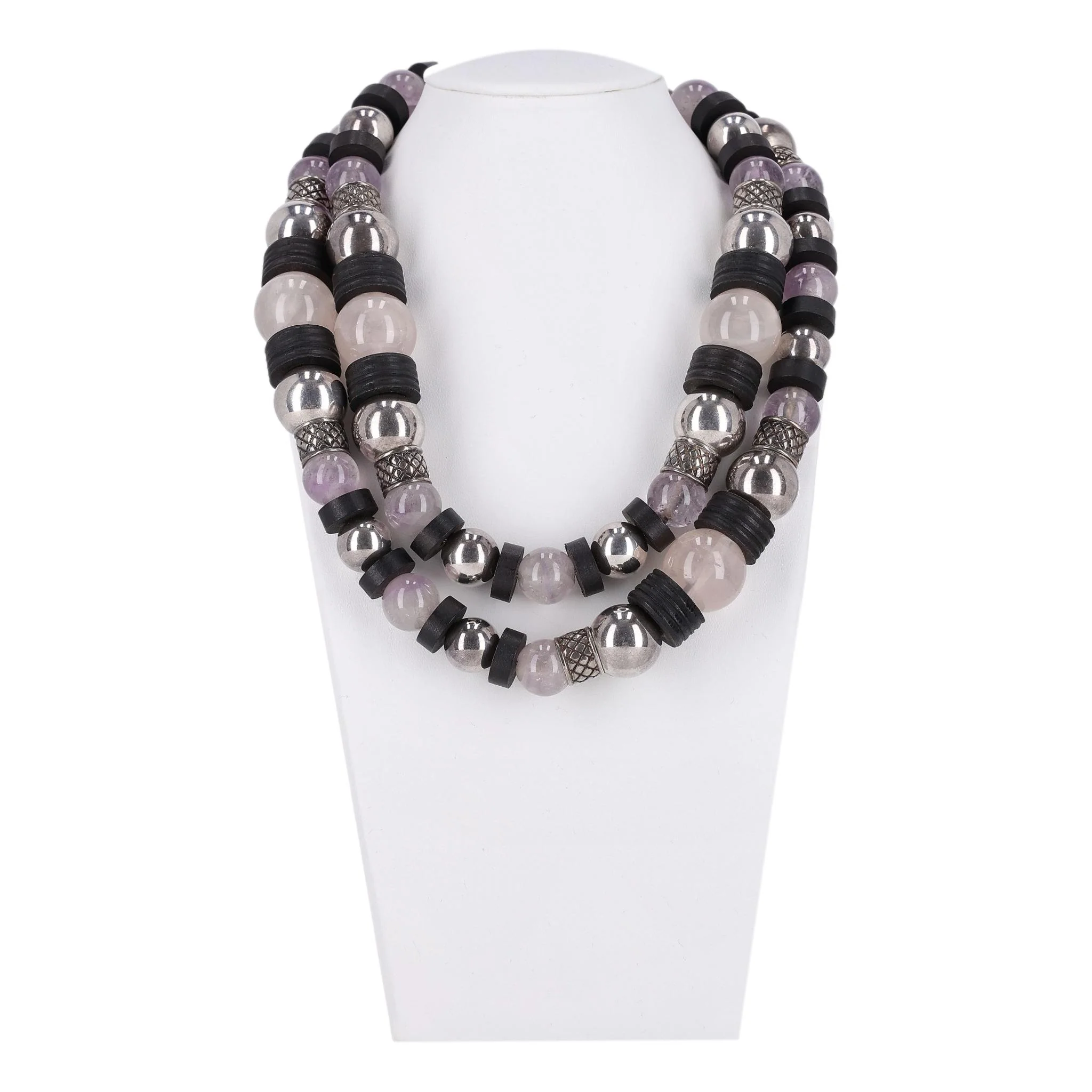 Bottega Veneta Amythest, Rose Quartz, Sterling Silver & Wood Necklace with Onyx Faceted Drop Earrings - Image 3