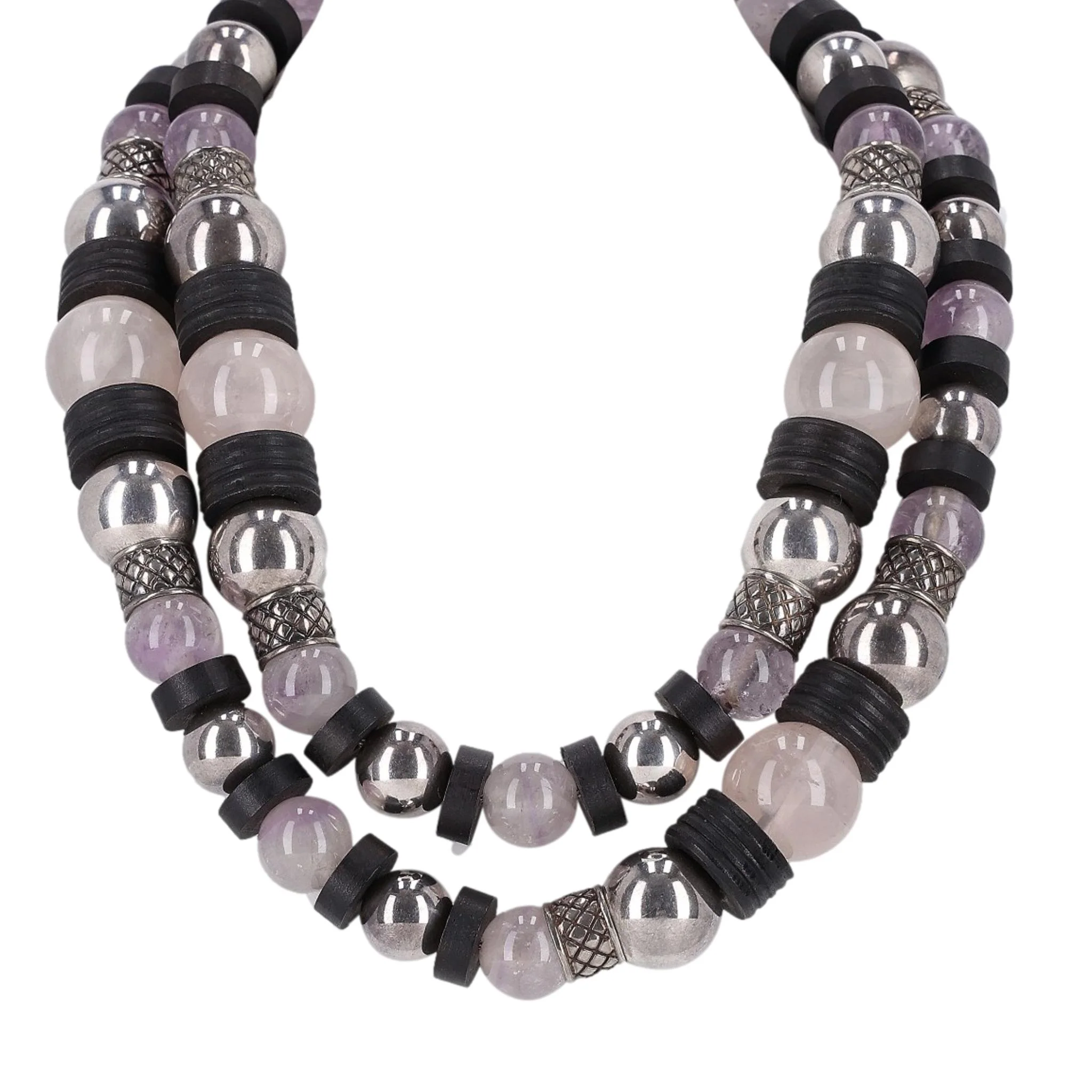 Bottega Veneta Amythest, Rose Quartz, Sterling Silver & Wood Necklace with Onyx Faceted Drop Earrings - Image 5