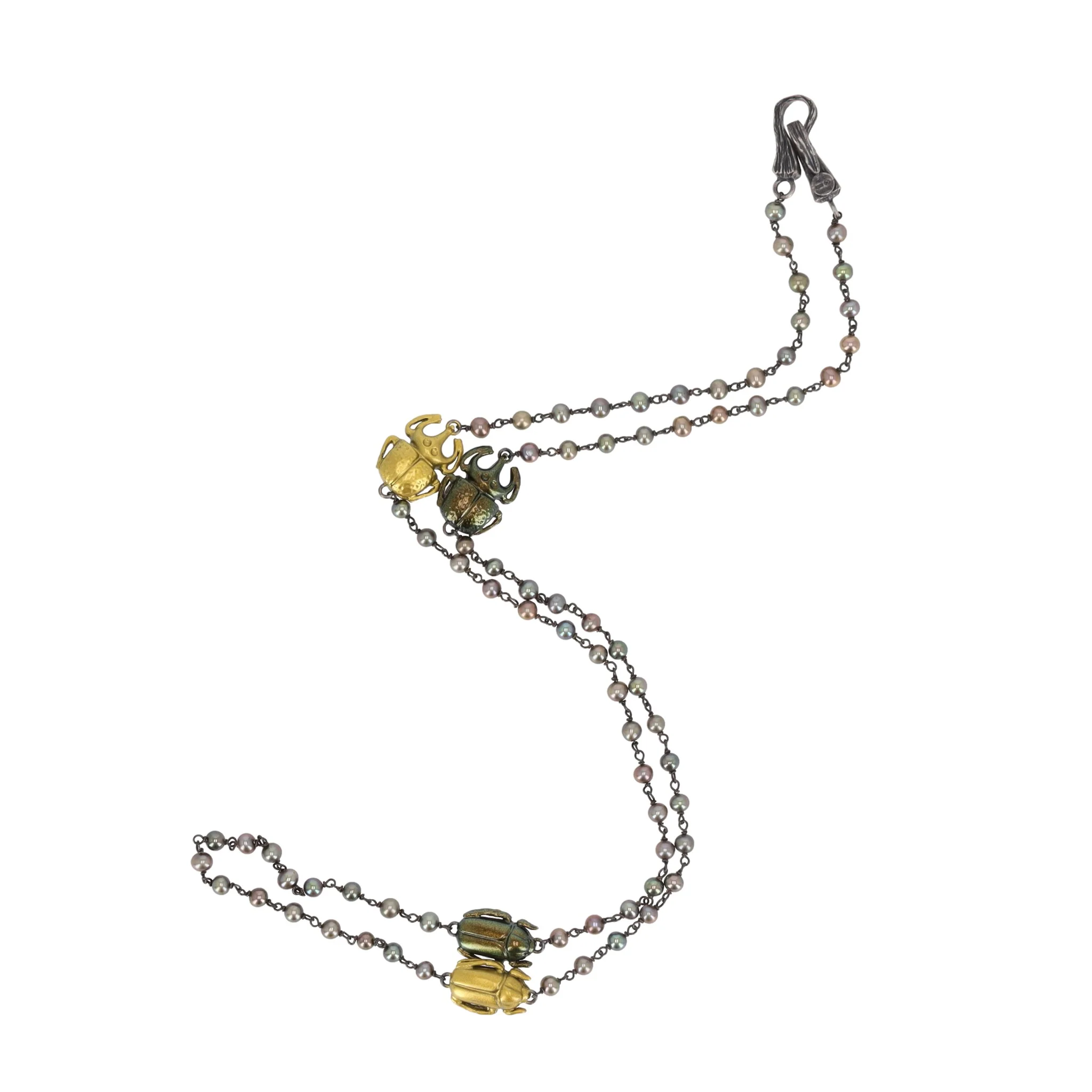 Bottega Veneta Scarab Necklace With Fresh Water Pearls, Oxidized Sterling Silver & Gold Plated - Image 4