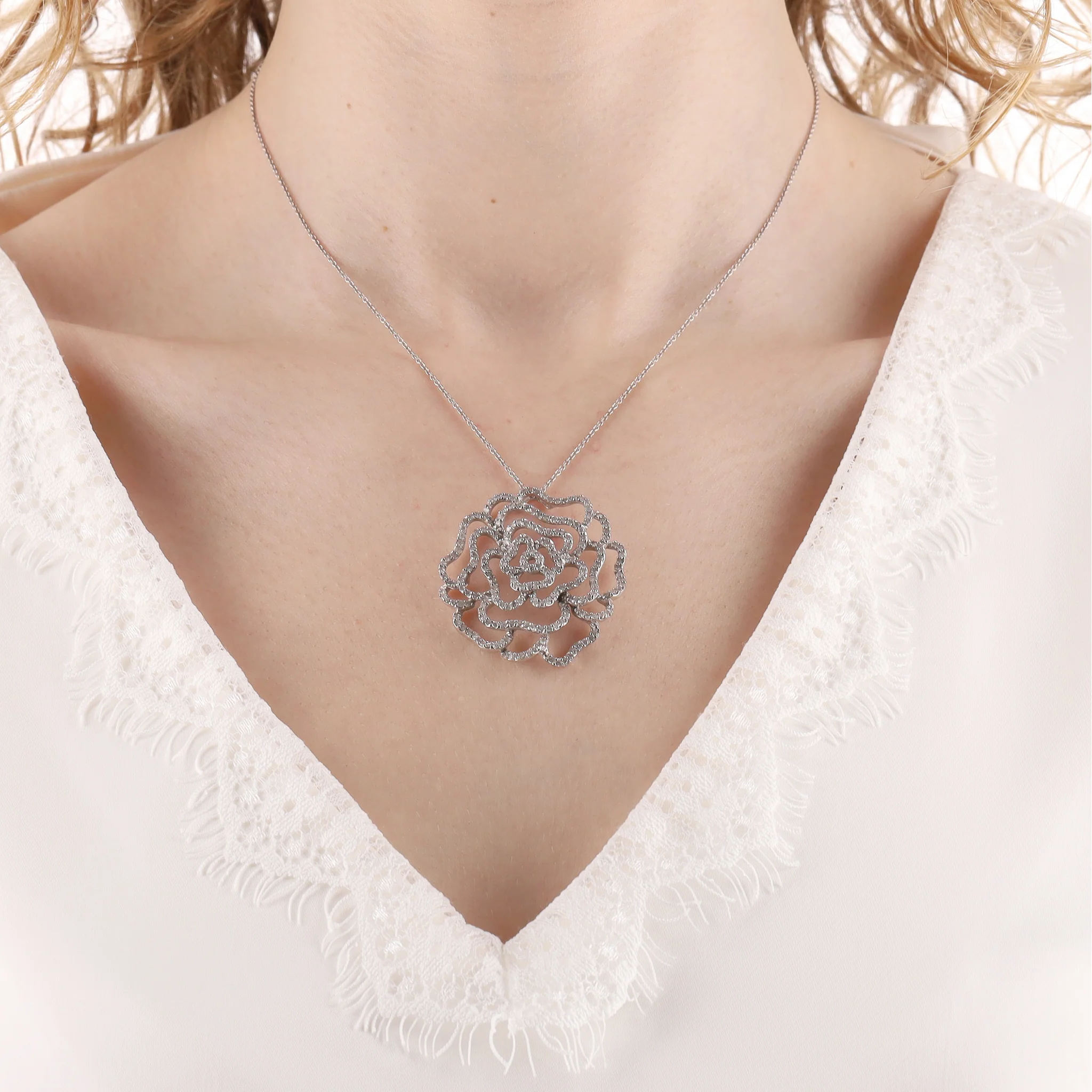 Diamond Camellia Flower Pendant Necklace in 14k White Gold - Image 2