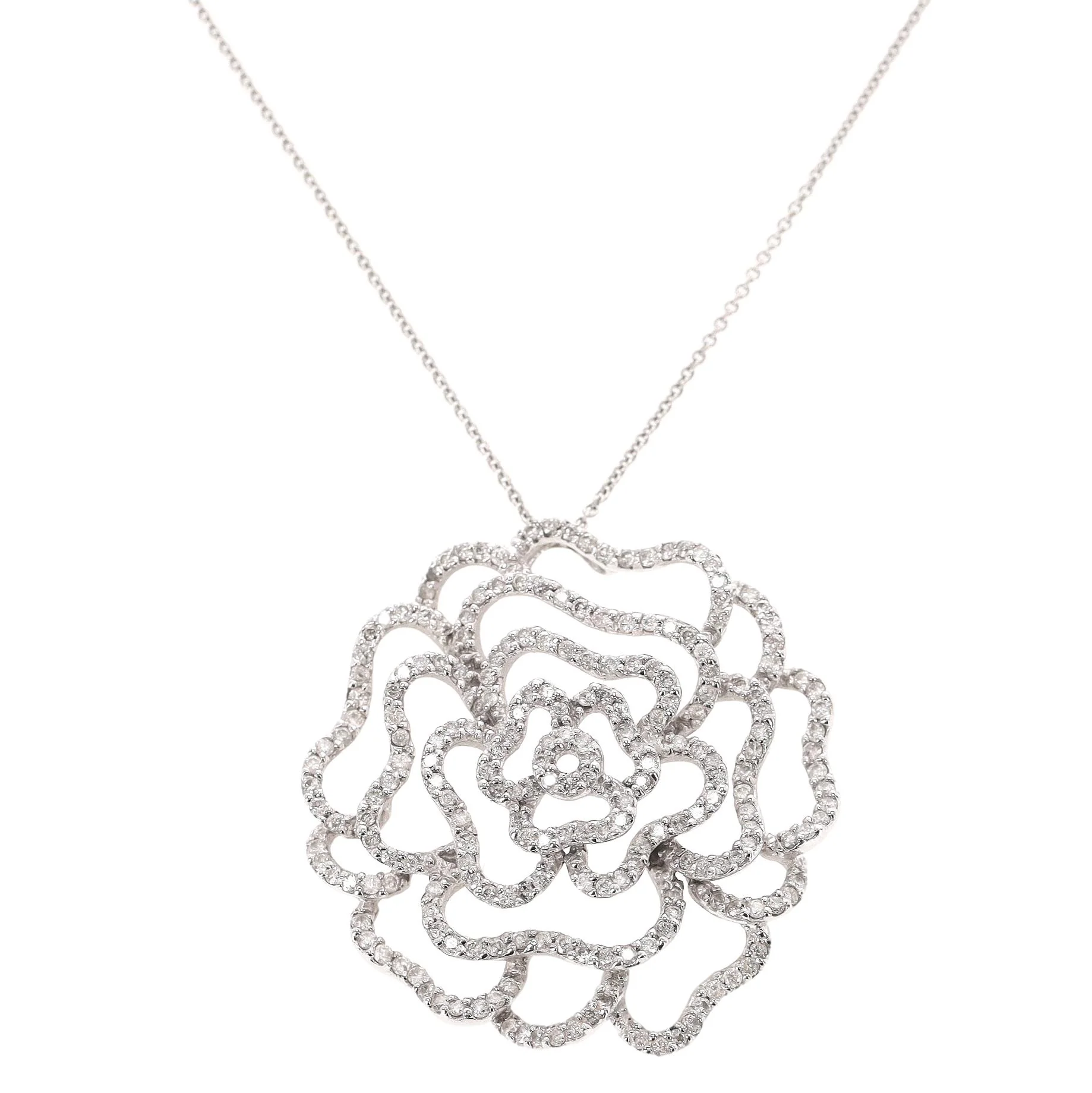 Diamond Camellia Flower Pendant Necklace in 14k White Gold - Image 3