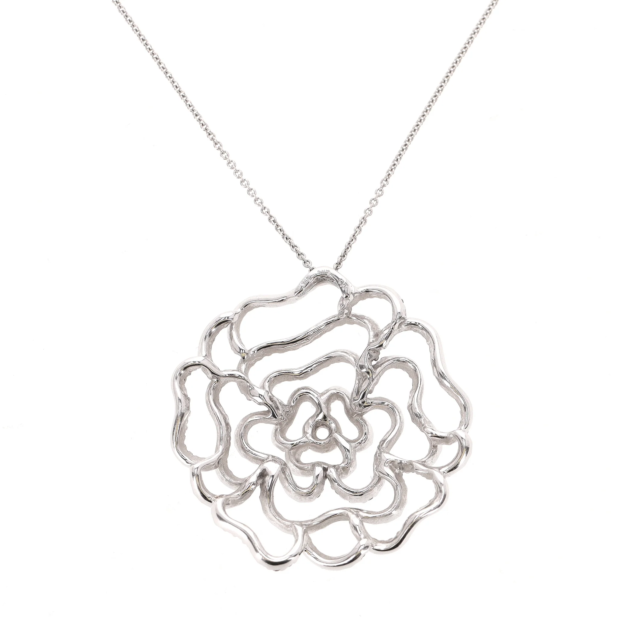 Diamond Camellia Flower Pendant Necklace in 14k White Gold - Image 5