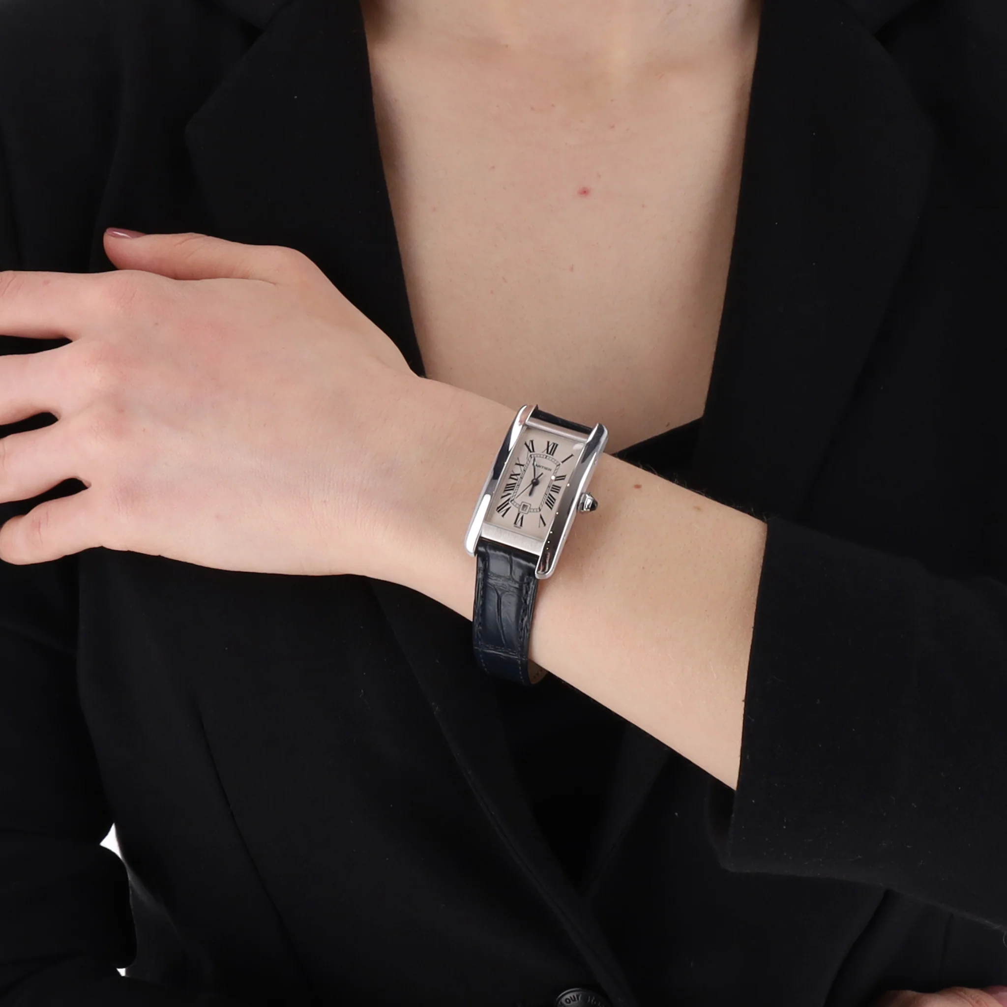 Cartier 18k White Gold Tank Americaine Watch With Alligator Strap - Image 2
