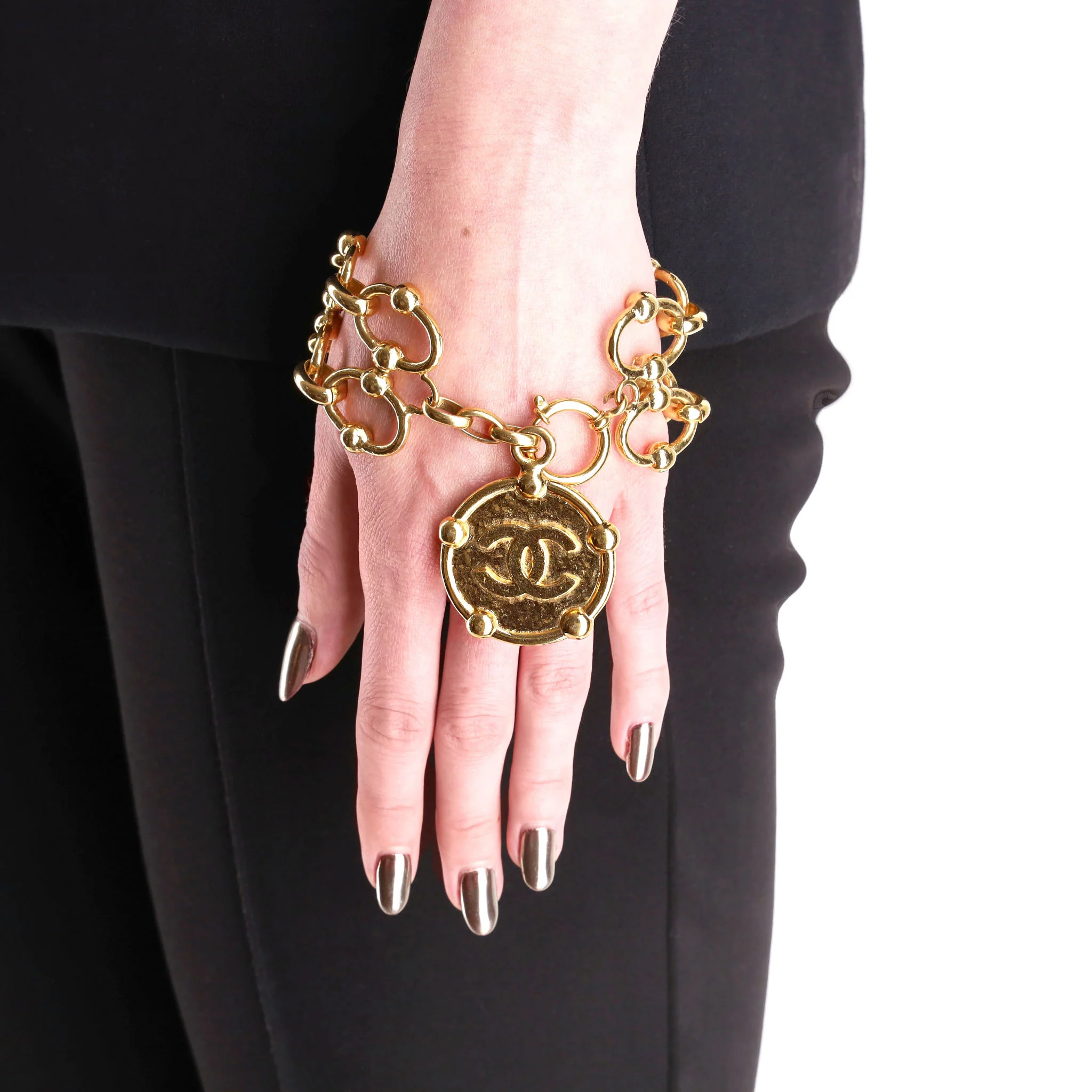 Chanel 24k Gold Plated Fancy Link Bracelet With 'CC' Medallion Charm - Image 2