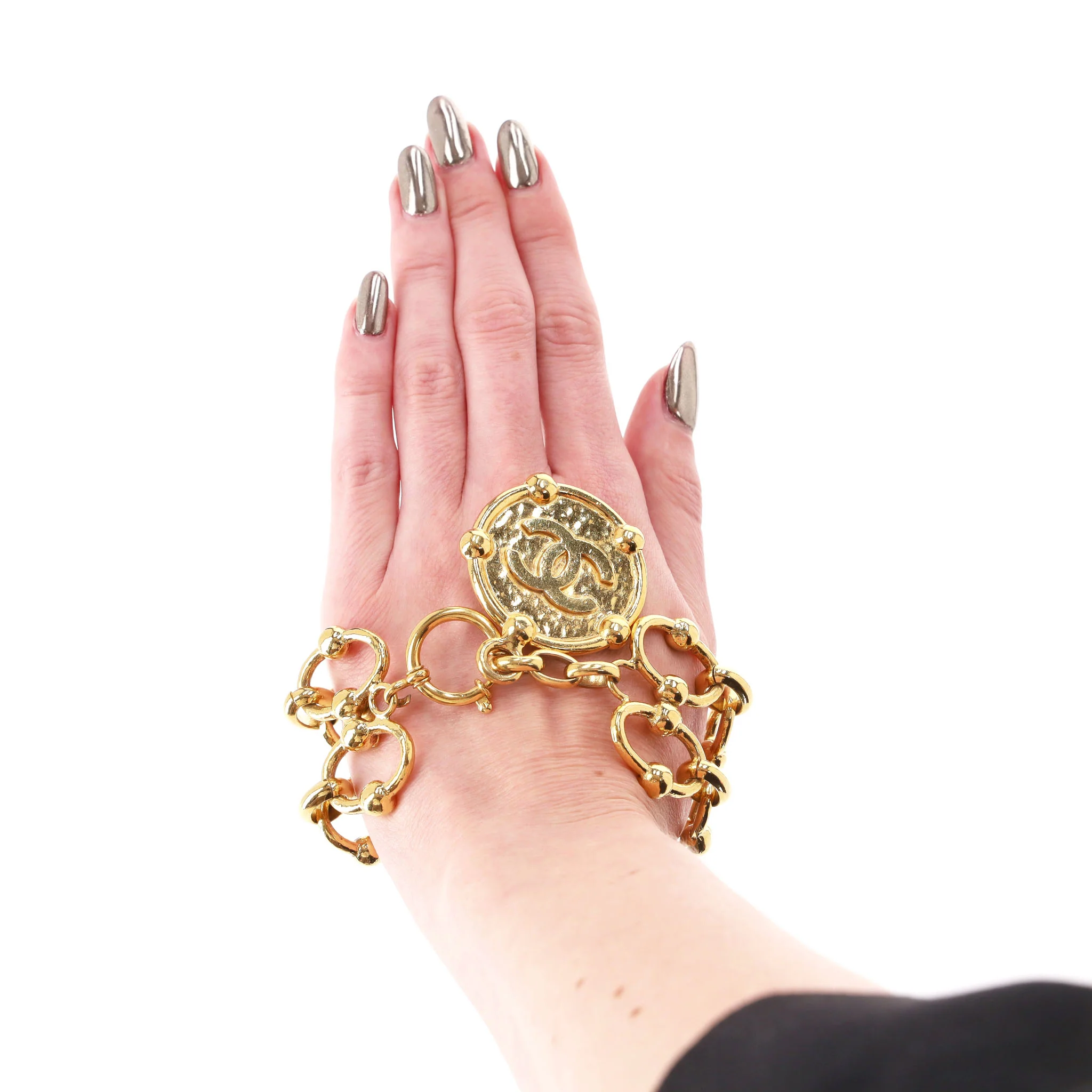 Chanel 24k Gold Plated Fancy Link Bracelet With 'CC' Medallion Charm - Image 5