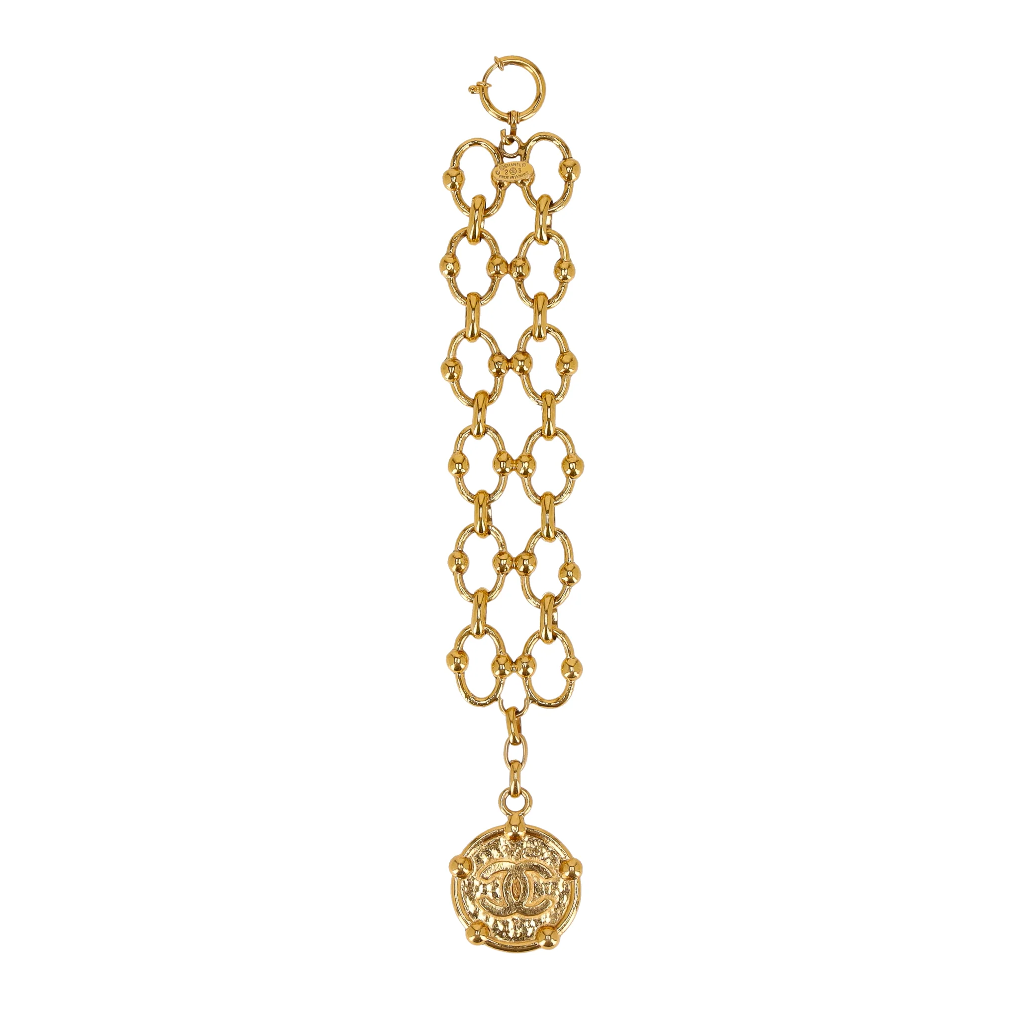 Chanel 24k Gold Plated Fancy Link Bracelet With 'CC' Medallion Charm - Image 8