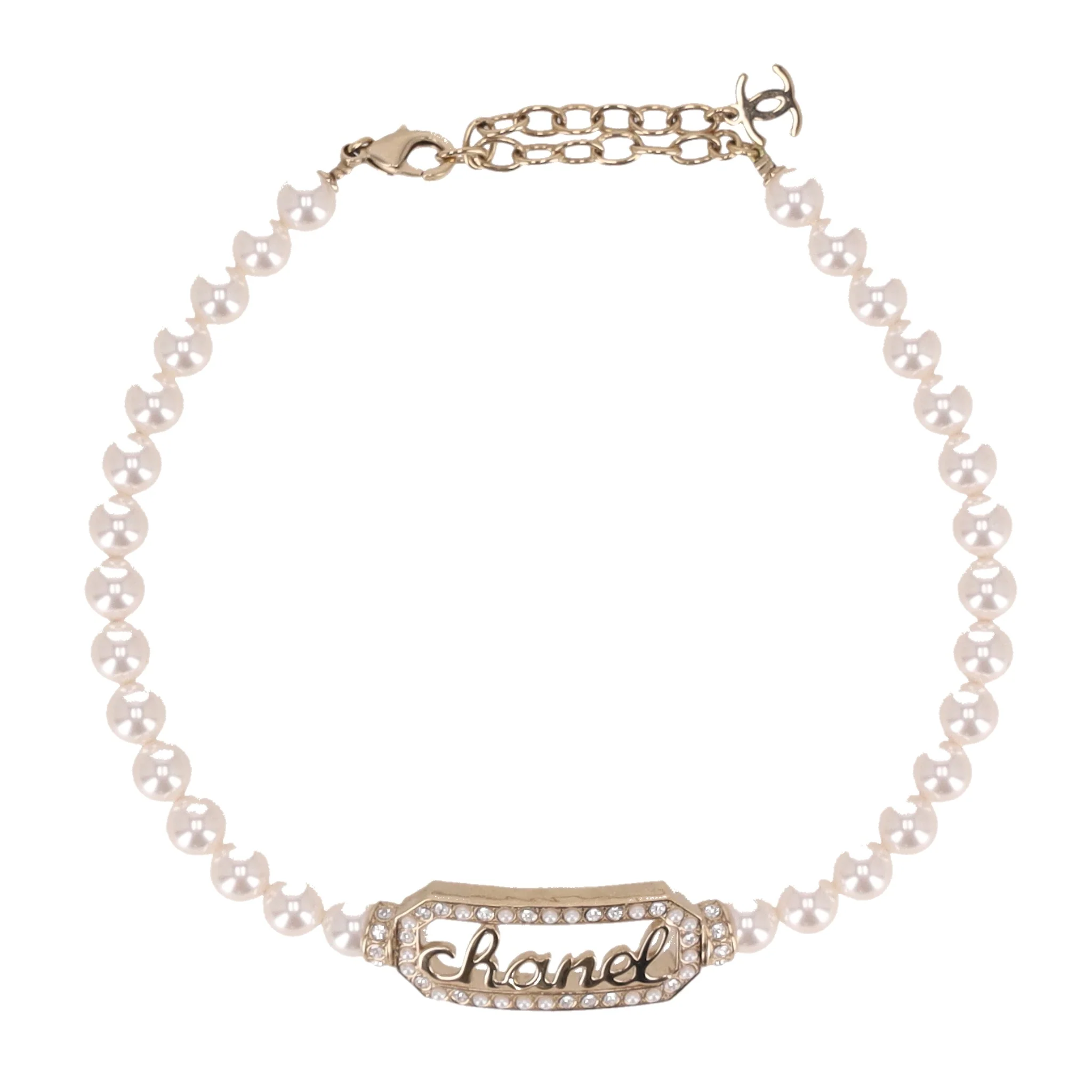 Chanel Pearl Choker Necklace With Crystal Embellished 'Chanel' Signature