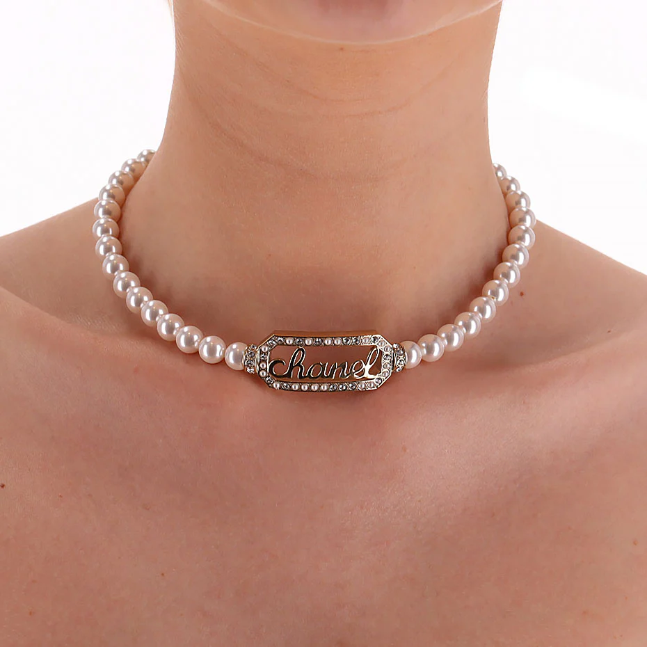 Chanel Pearl Choker Necklace With Crystal Embellished 'Chanel' Signature - Image 2