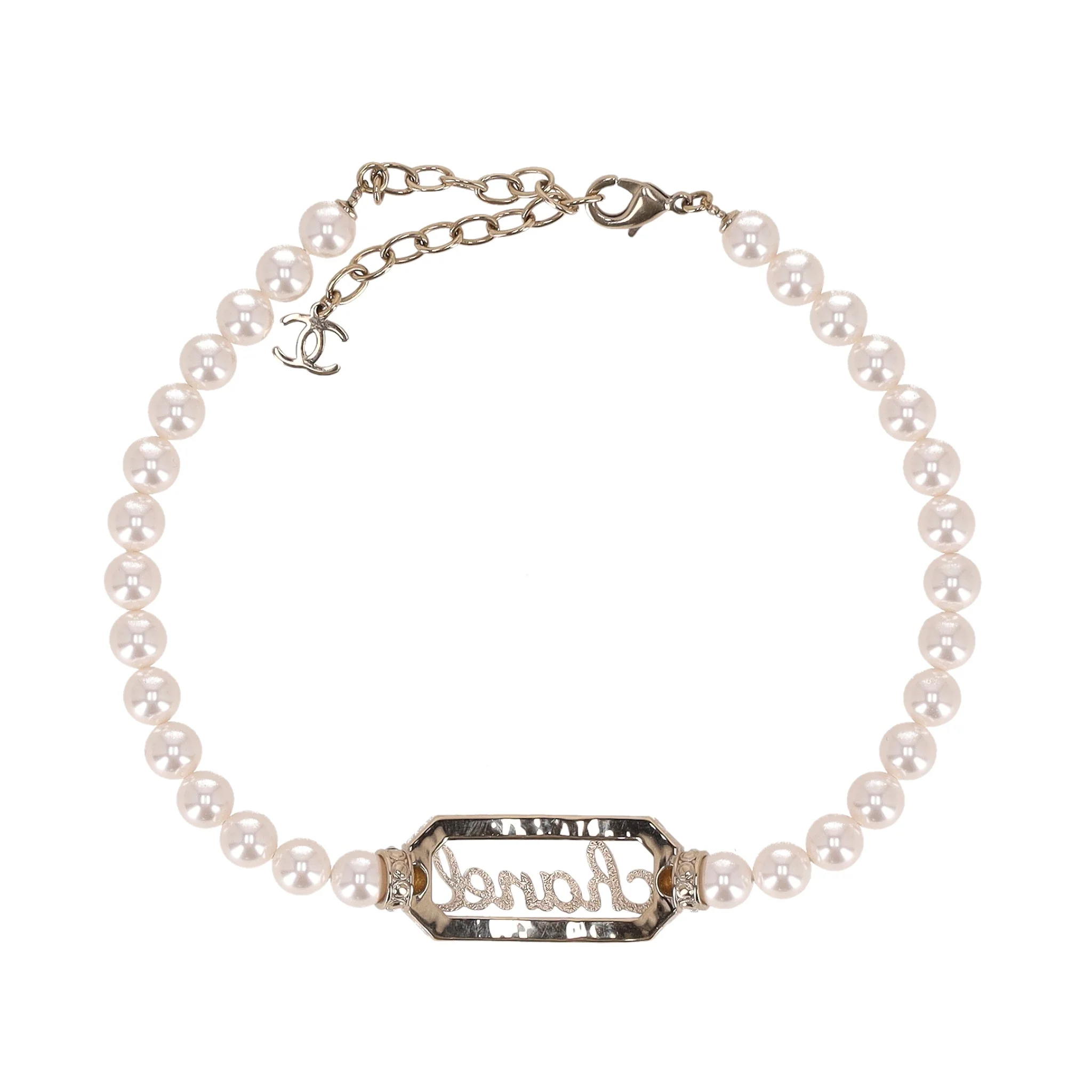 Chanel Pearl Choker Necklace With Crystal Embellished 'Chanel' Signature - Image 5