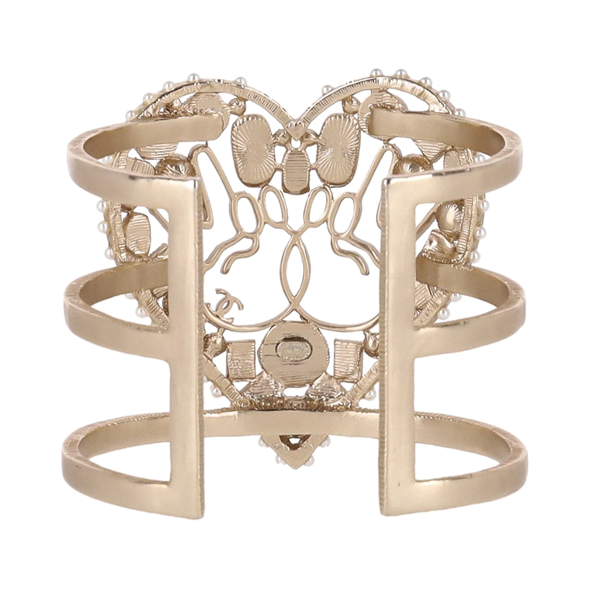 Chanel Heart-Shaped Enamel, Pearl & Swarovski Crystal Peace Cuff Bracelet - Image 5