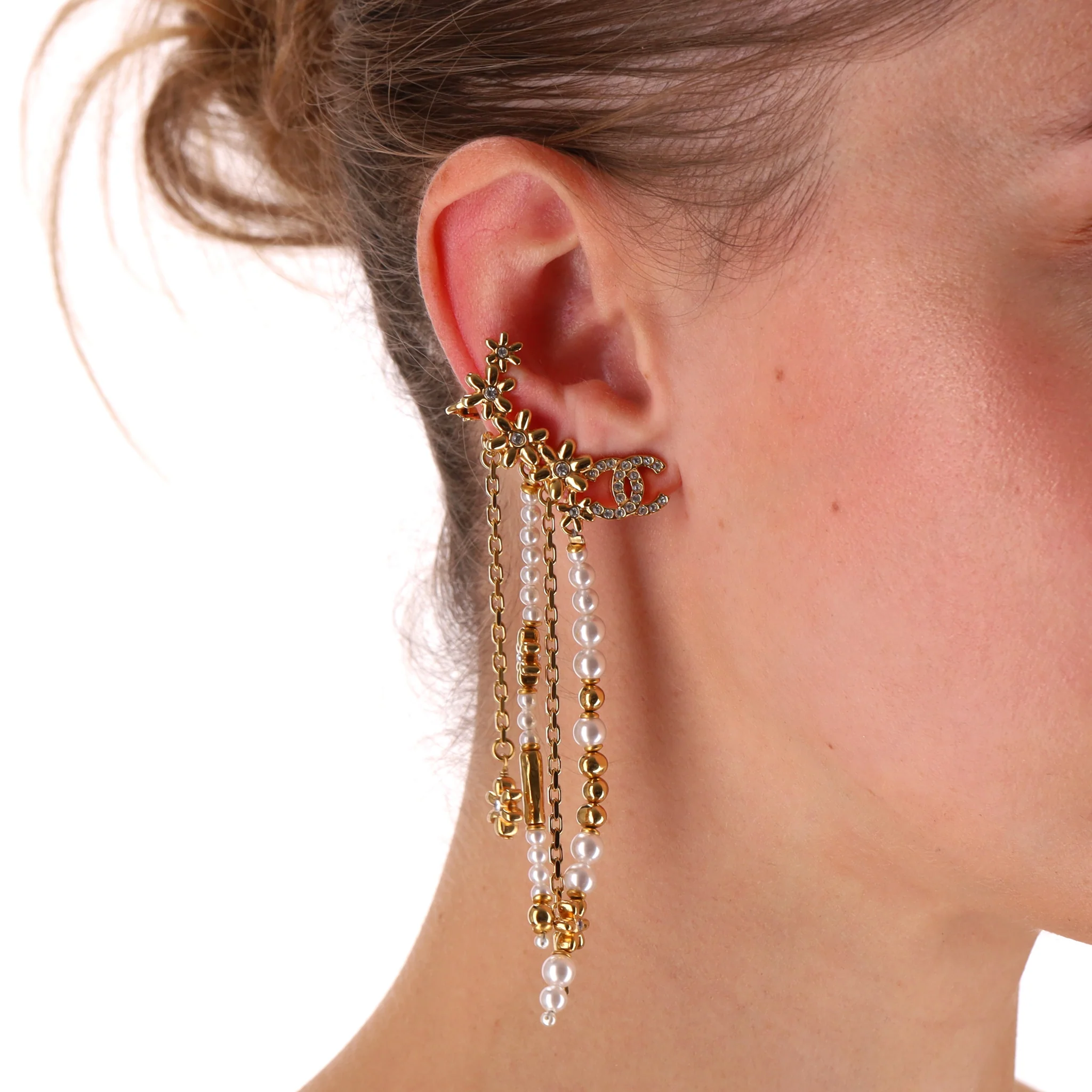 Chanel 'CC' Logo & Pearl Floral Motif Drop Climber Earrings - Image 2