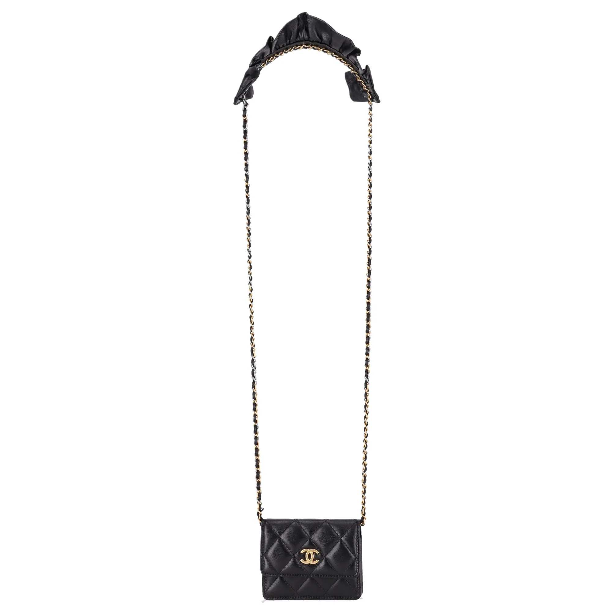 Chanel 'CC' Logo Diamond Quilted Lambskin Leather Card/Wallet On Chain With Ruffled Shoulder Pad