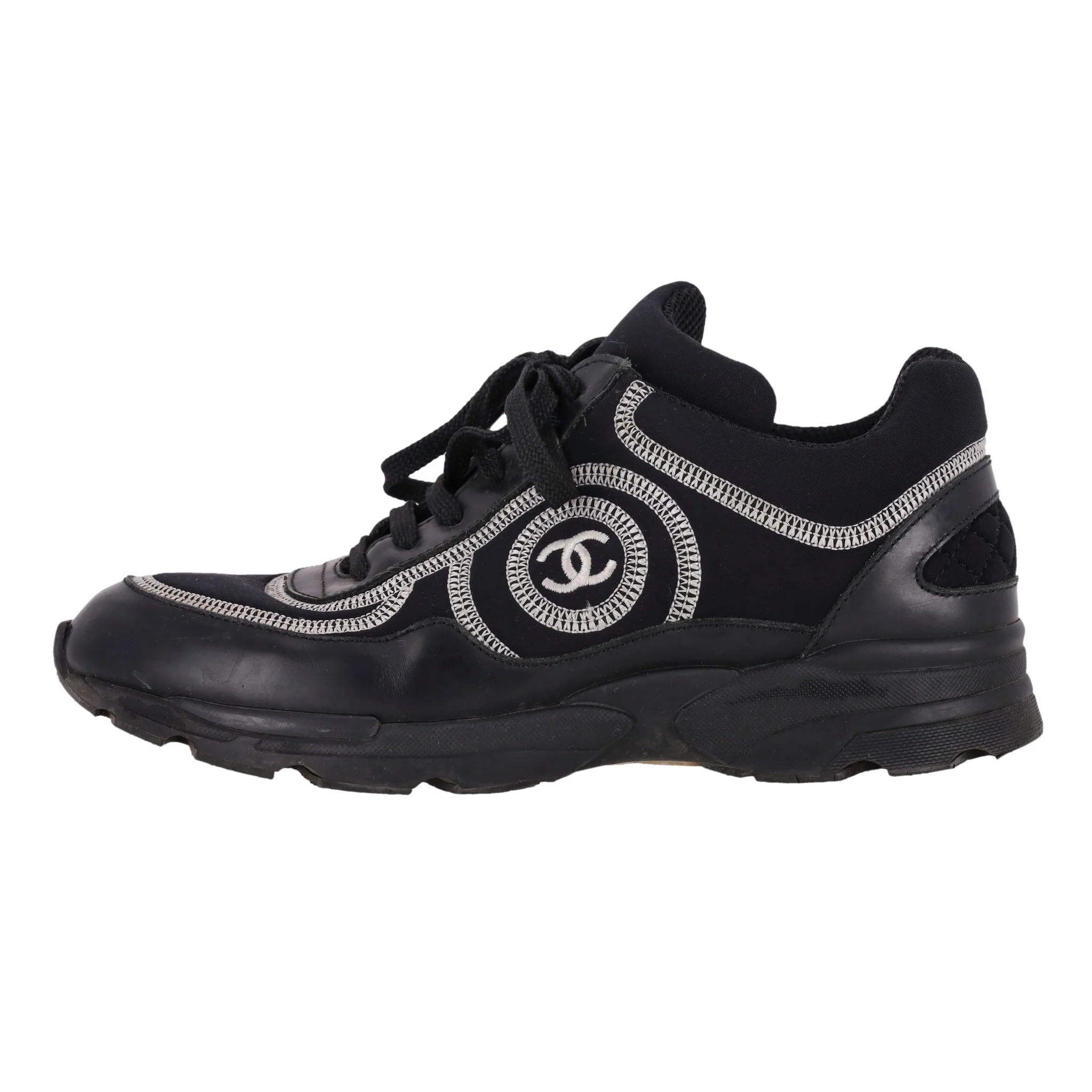 Chanel 'CC' Logo Embroidered Neoprene & Leather Sneakers. Size 36