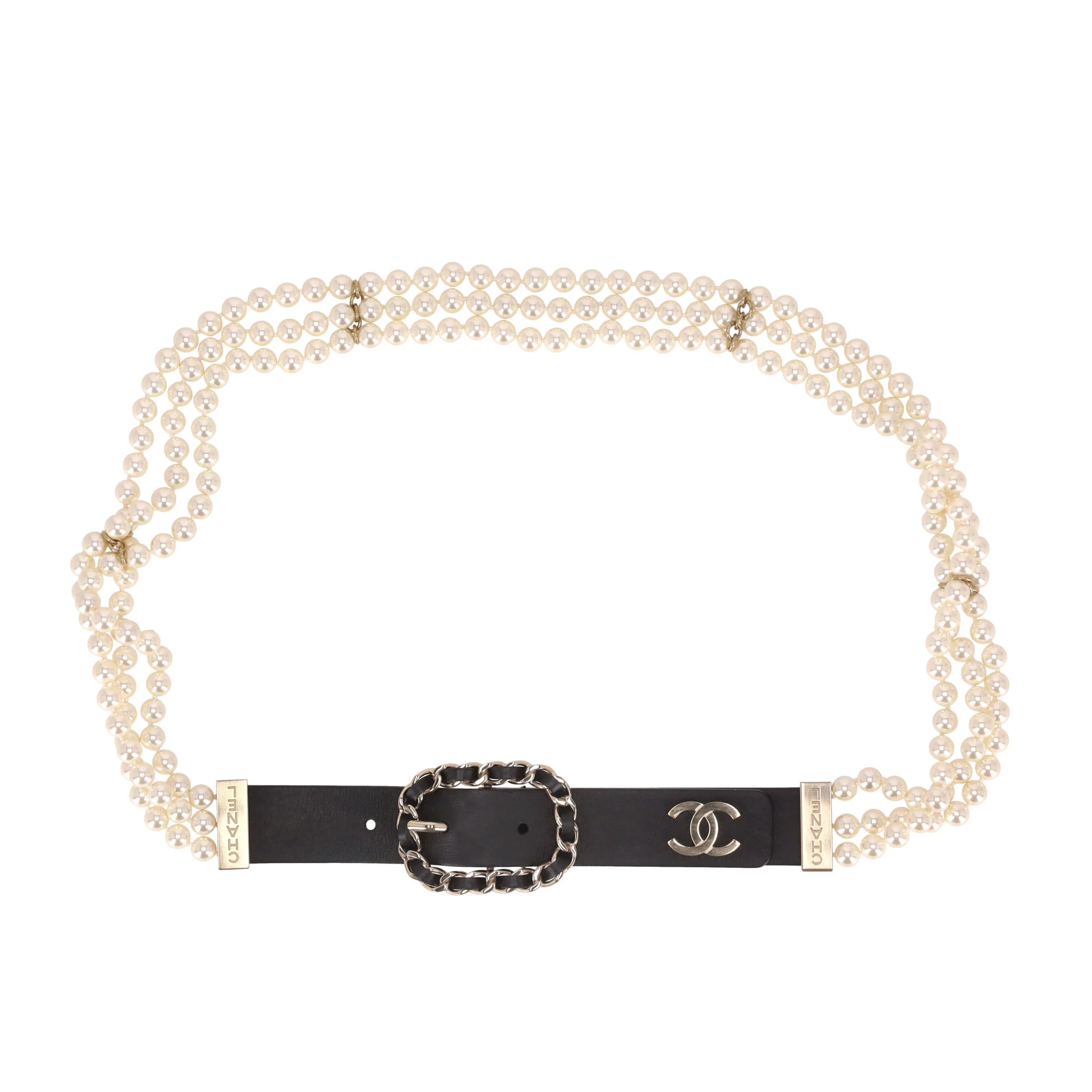 Chanel 'CC' Logo, Leather & Chain Pearl Belt - Image 4
