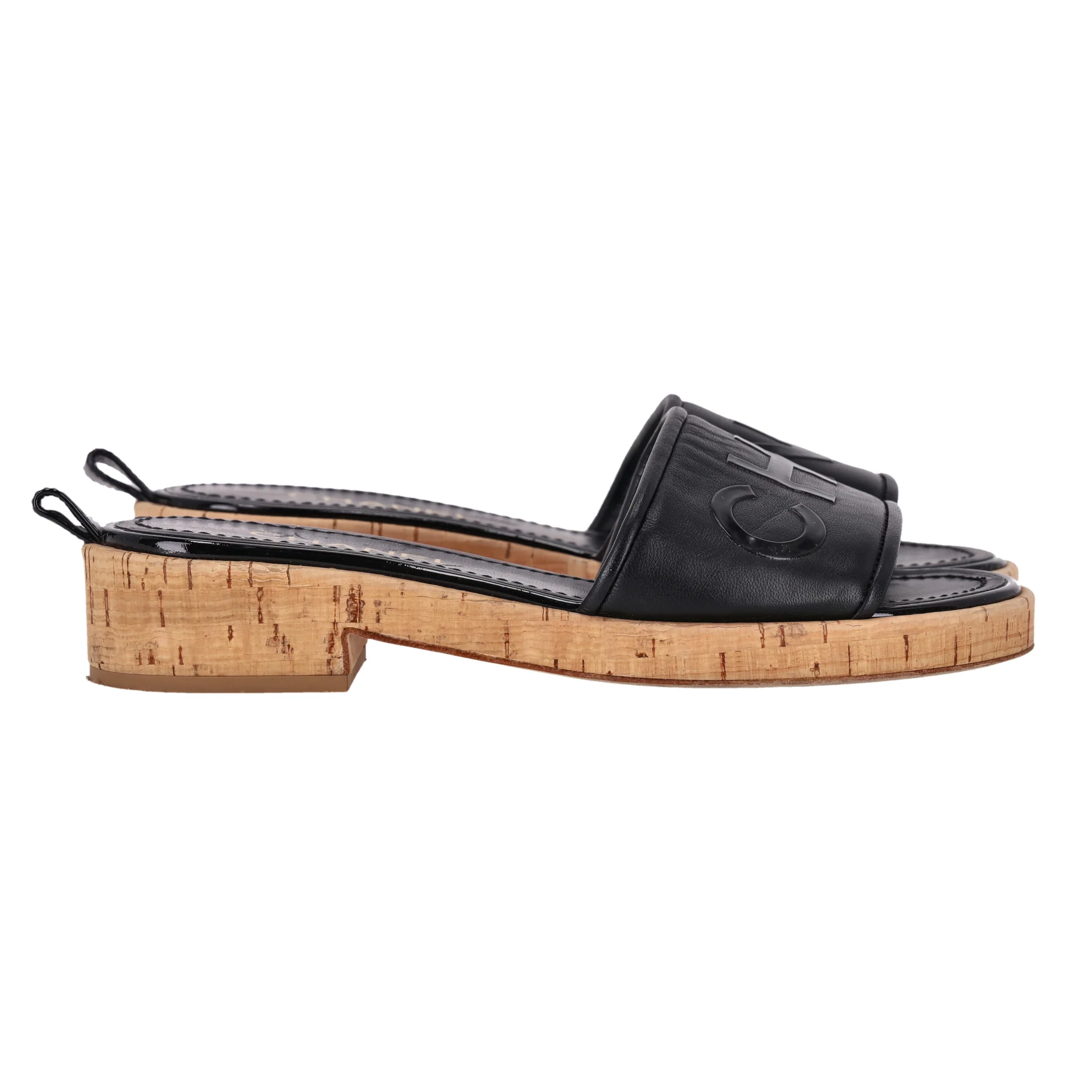Chanel Logo Embossed Lambskin Cork Slides. Size 38 - Image 4