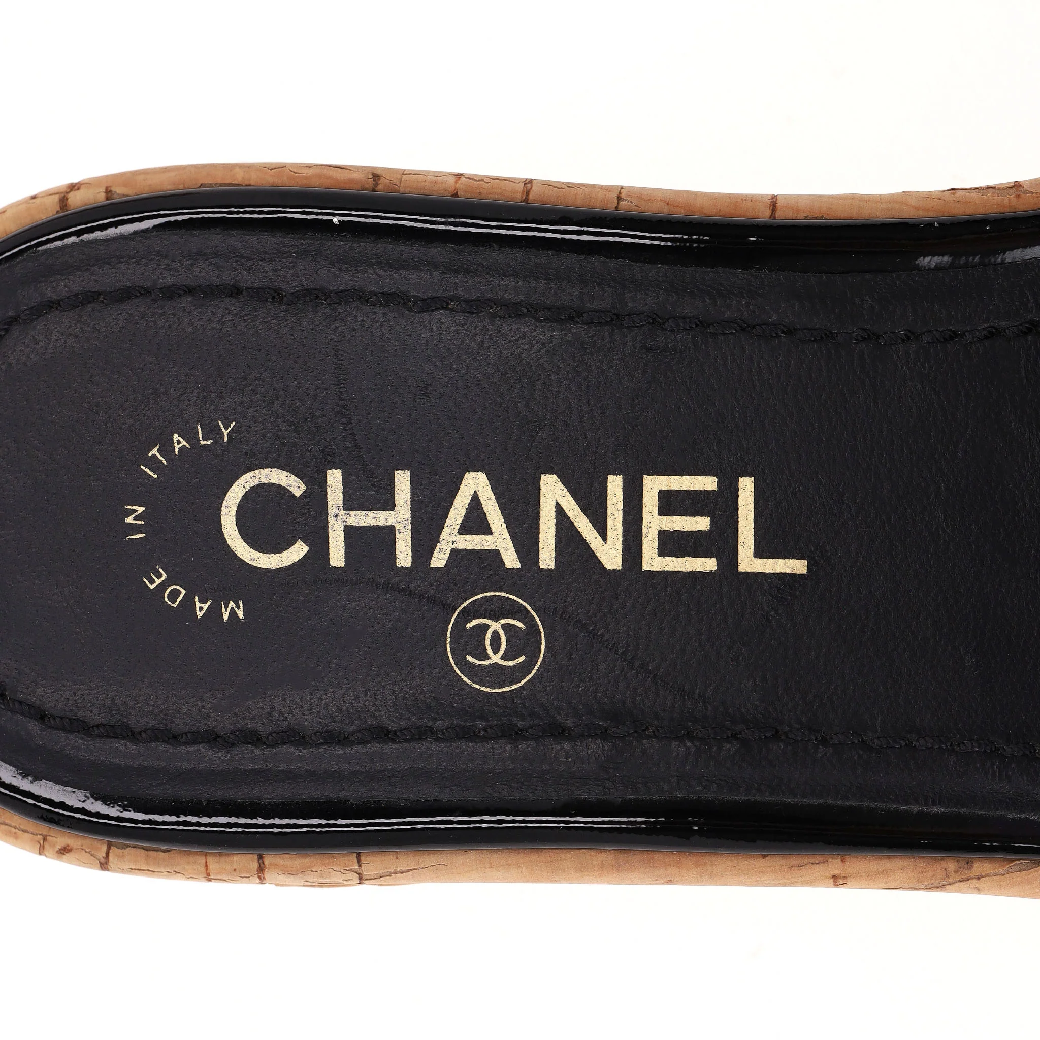 Chanel Logo Embossed Lambskin Cork Slides. Size 38 - Image 6