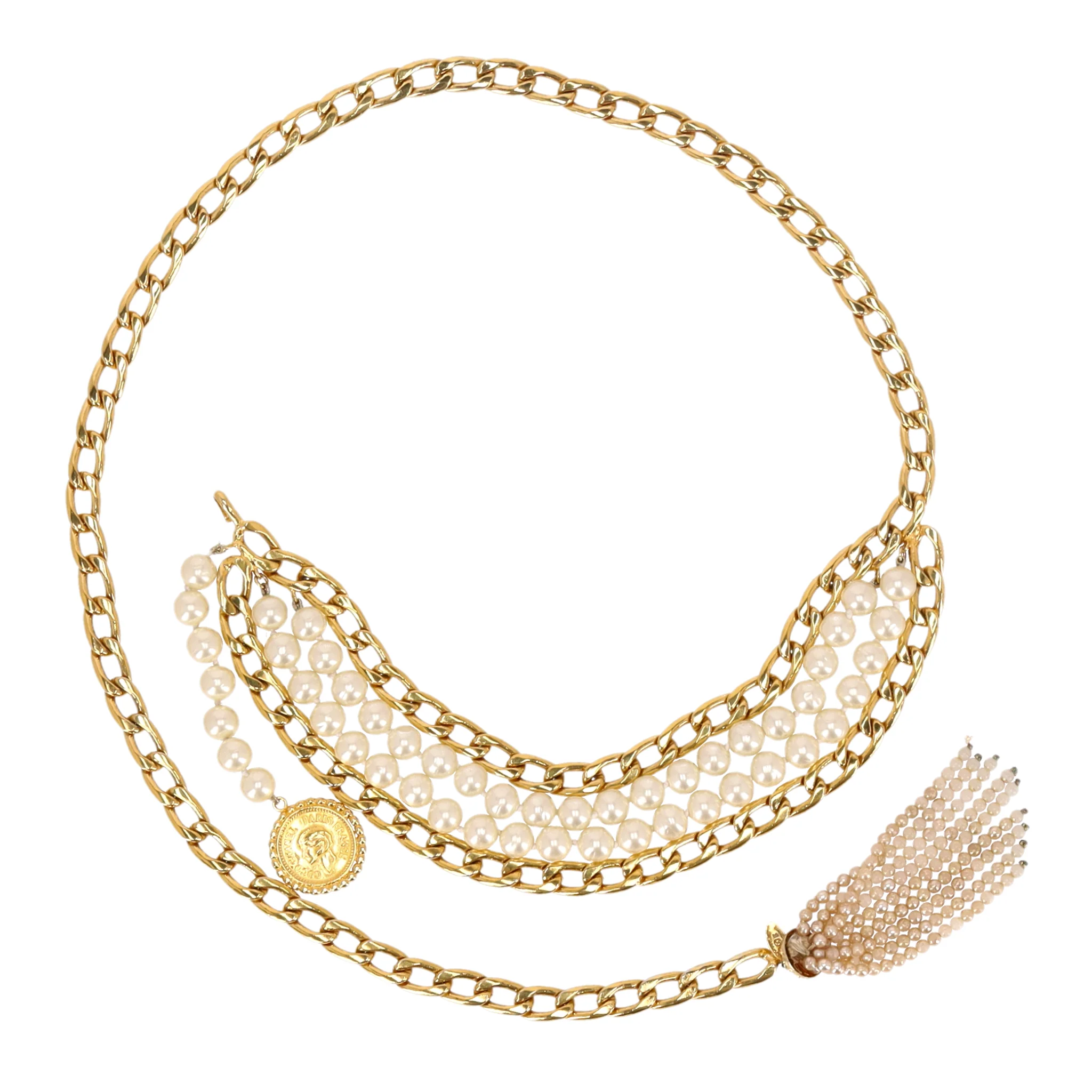 Chanel 'CC' Logo Pearl & 24k Gold Plated Chain Multi-Strand Belt - Image 3