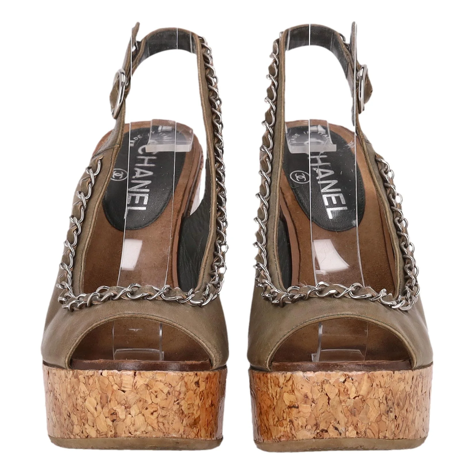 Chanel 'CC' Logo & Chain Detail Leather Cork Wedge Sandals. Size 36 - Image 2