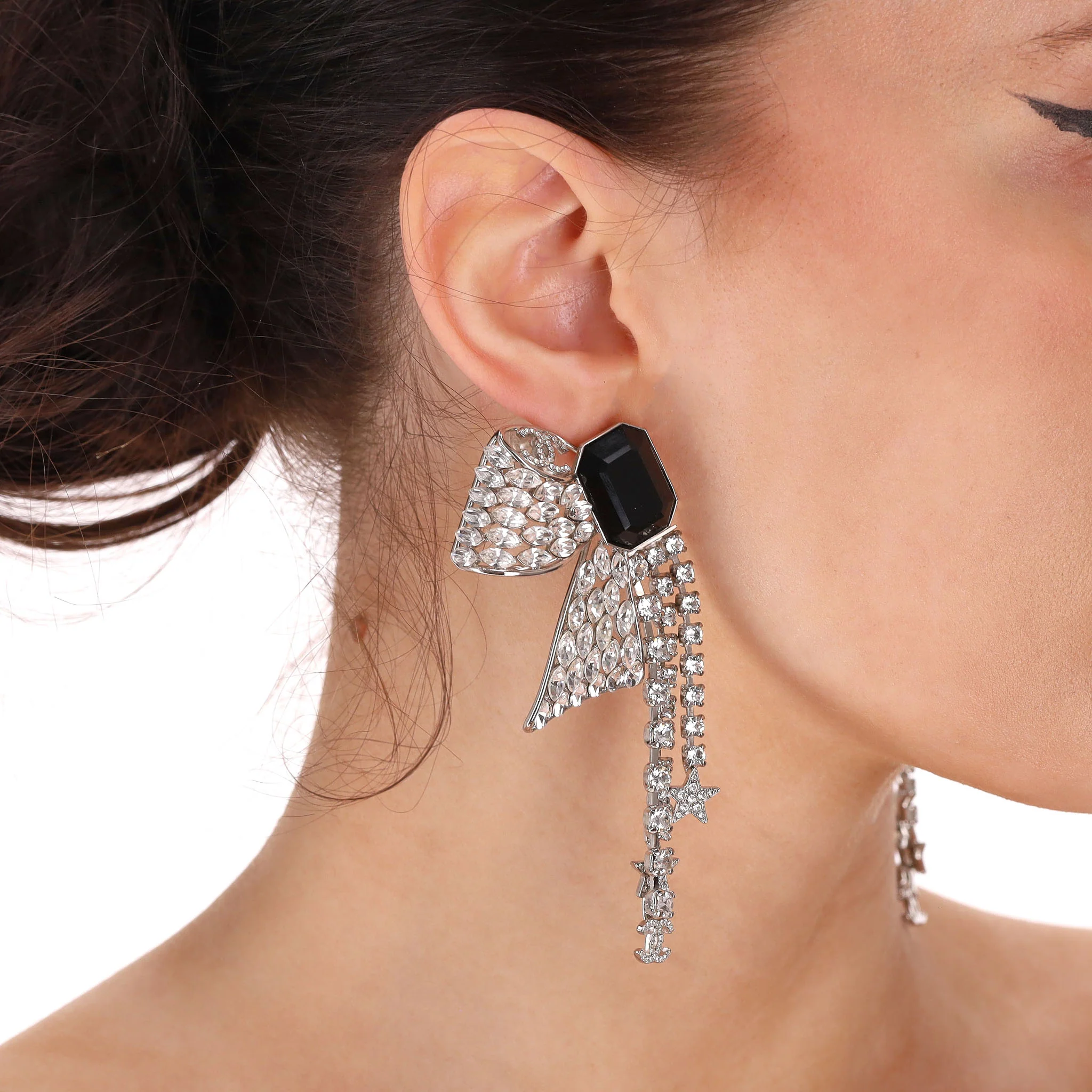 Chanel Crystal Bow Embellished 'CC' Logo Drop Earrings - Image 2