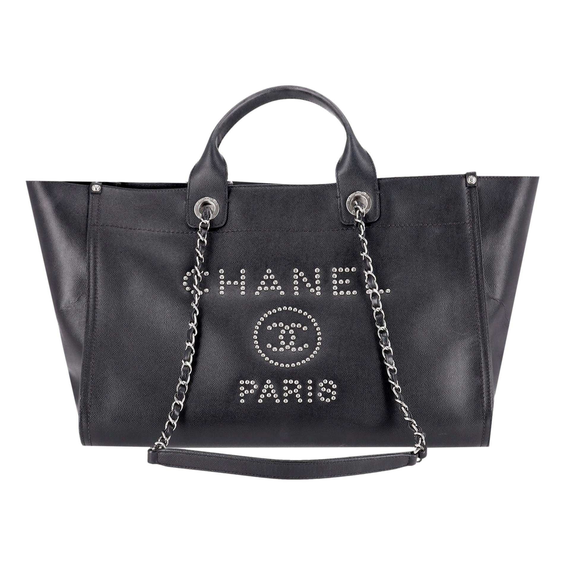 Chanel Deauville Studded Caviar Leather Logo Large Tote Bag