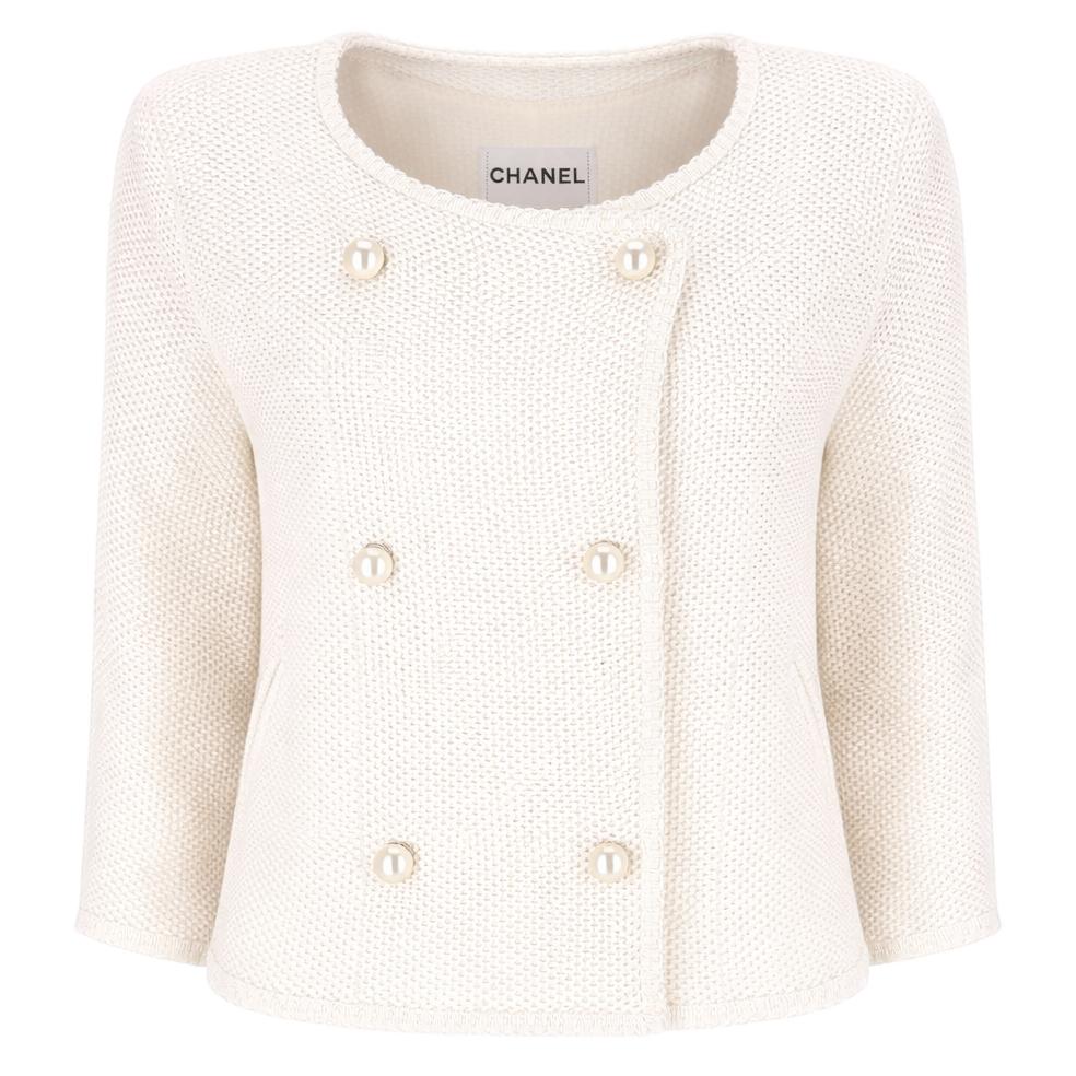 Chanel Double-Breasted Cotton Tweed Jacket With 'CC' Logo Pearl Buttons. Size 40FR