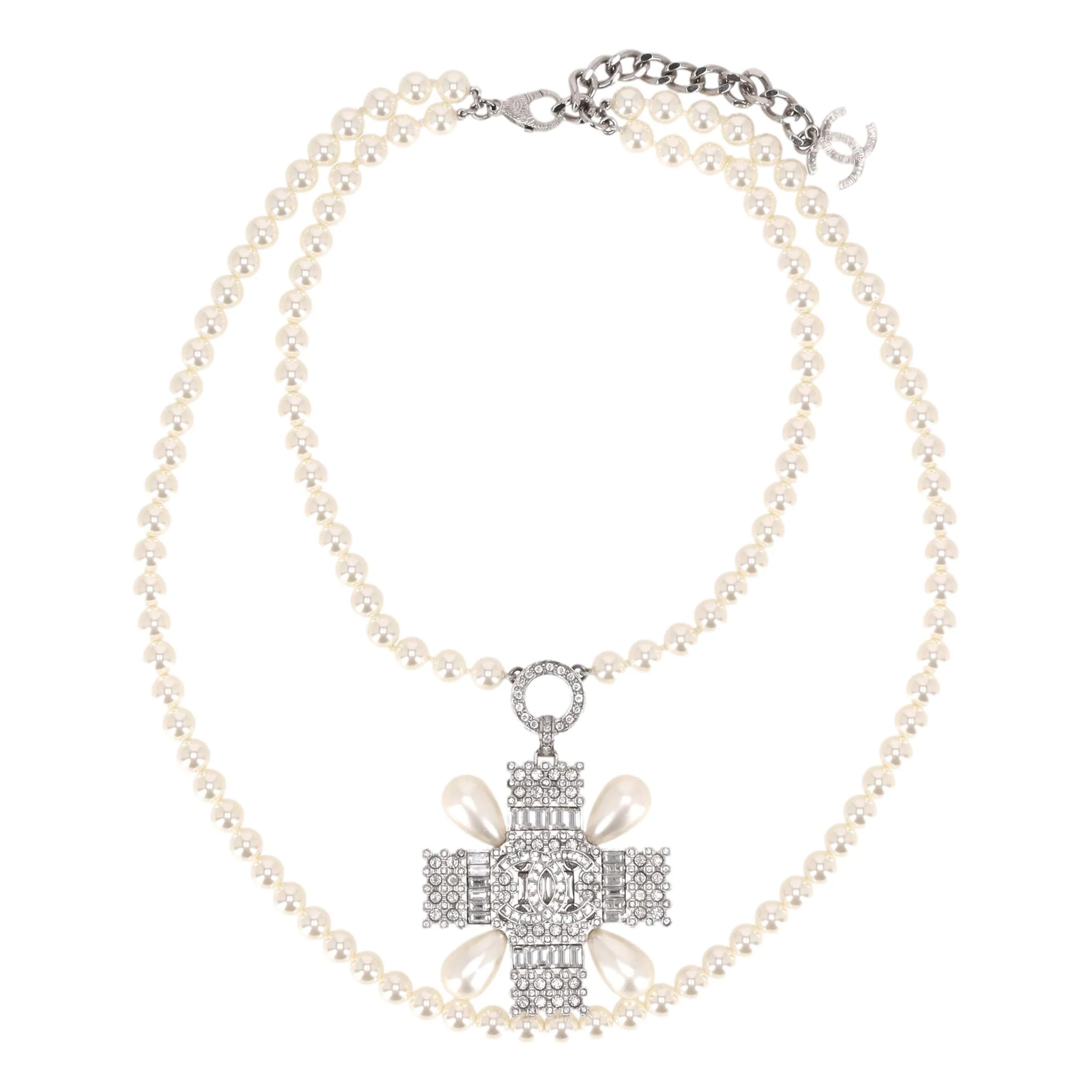 Chanel Double-Strand Pearl Necklace With Crystal Embellished Maltese Cross