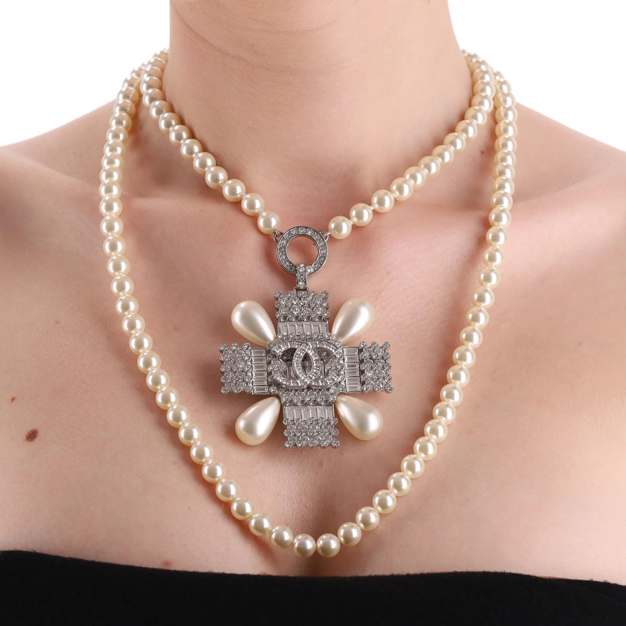 Chanel Double-Strand Pearl Necklace With Crystal Embellished Maltese Cross - Image 2