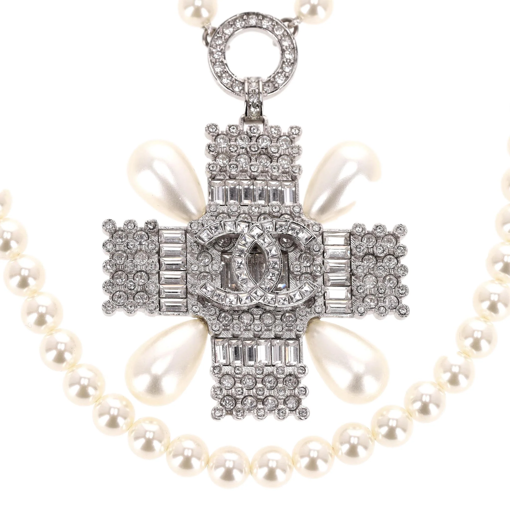 Chanel Double-Strand Pearl Necklace With Crystal Embellished Maltese Cross - Image 3