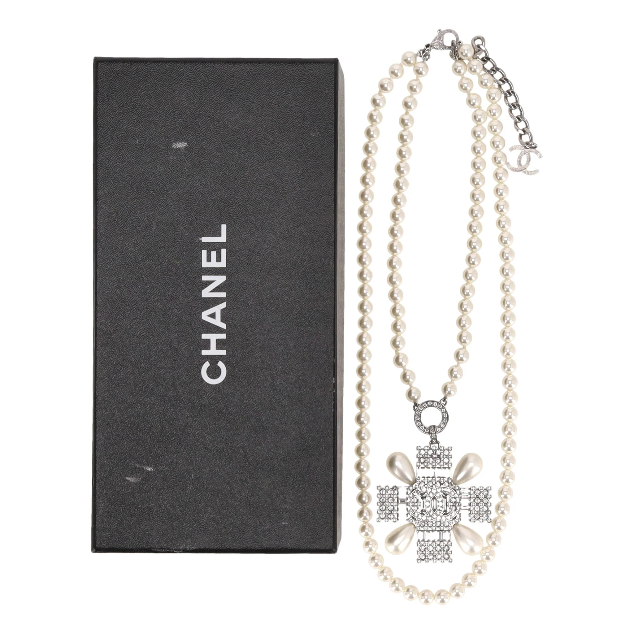Chanel Double-Strand Pearl Necklace With Crystal Embellished Maltese Cross - Image 4