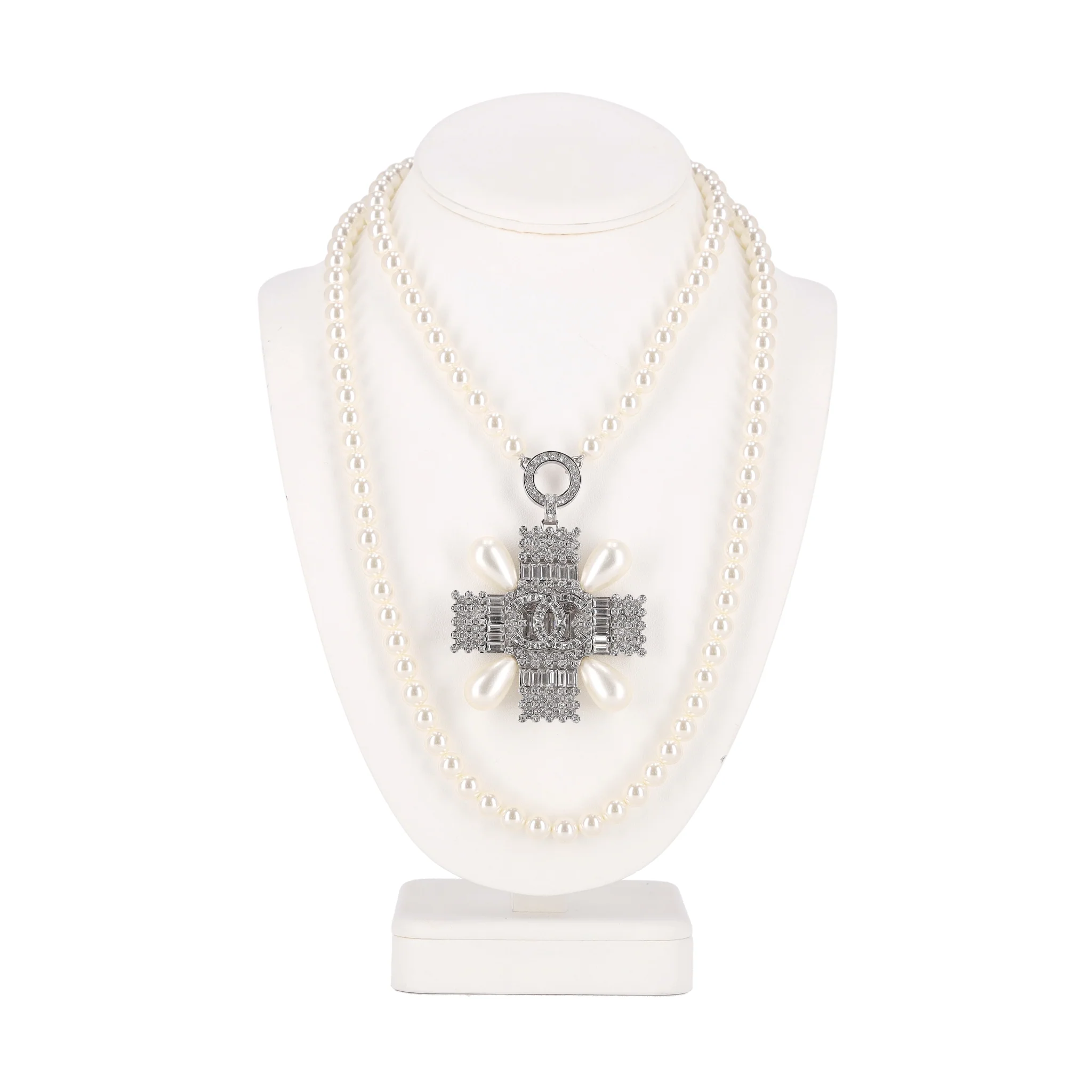 Chanel Double-Strand Pearl Necklace With Crystal Embellished Maltese Cross - Image 5