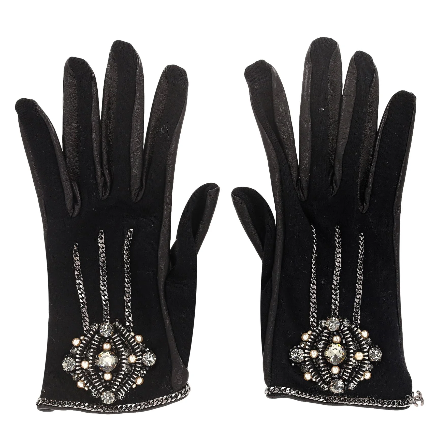 Chanel Runway Jewel Embellished & Chain Trim Lambskin Leather & Wool Gloves