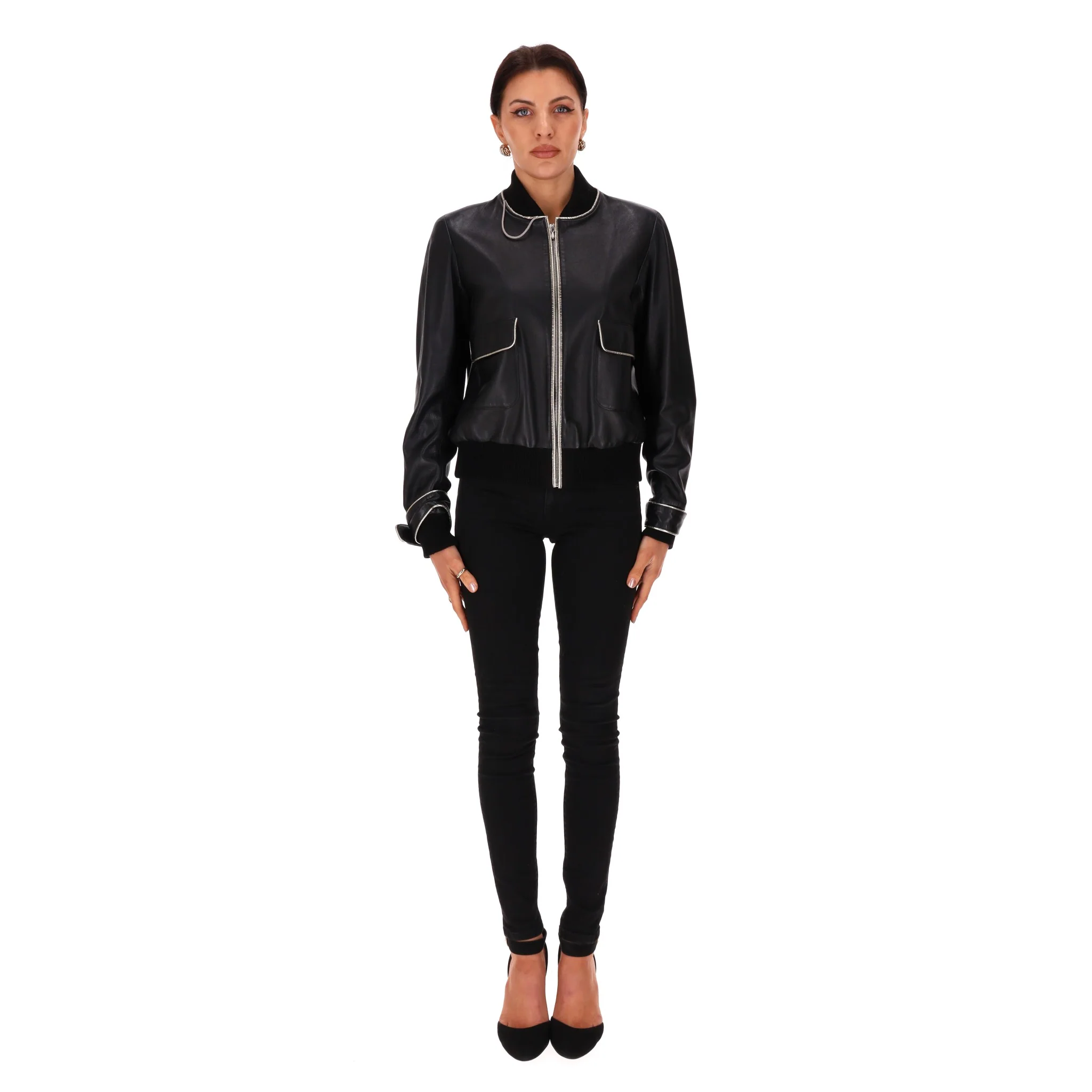 Chanel Leather Bomber Jacket With Pearl Buttons. Size 42IT - Image 2