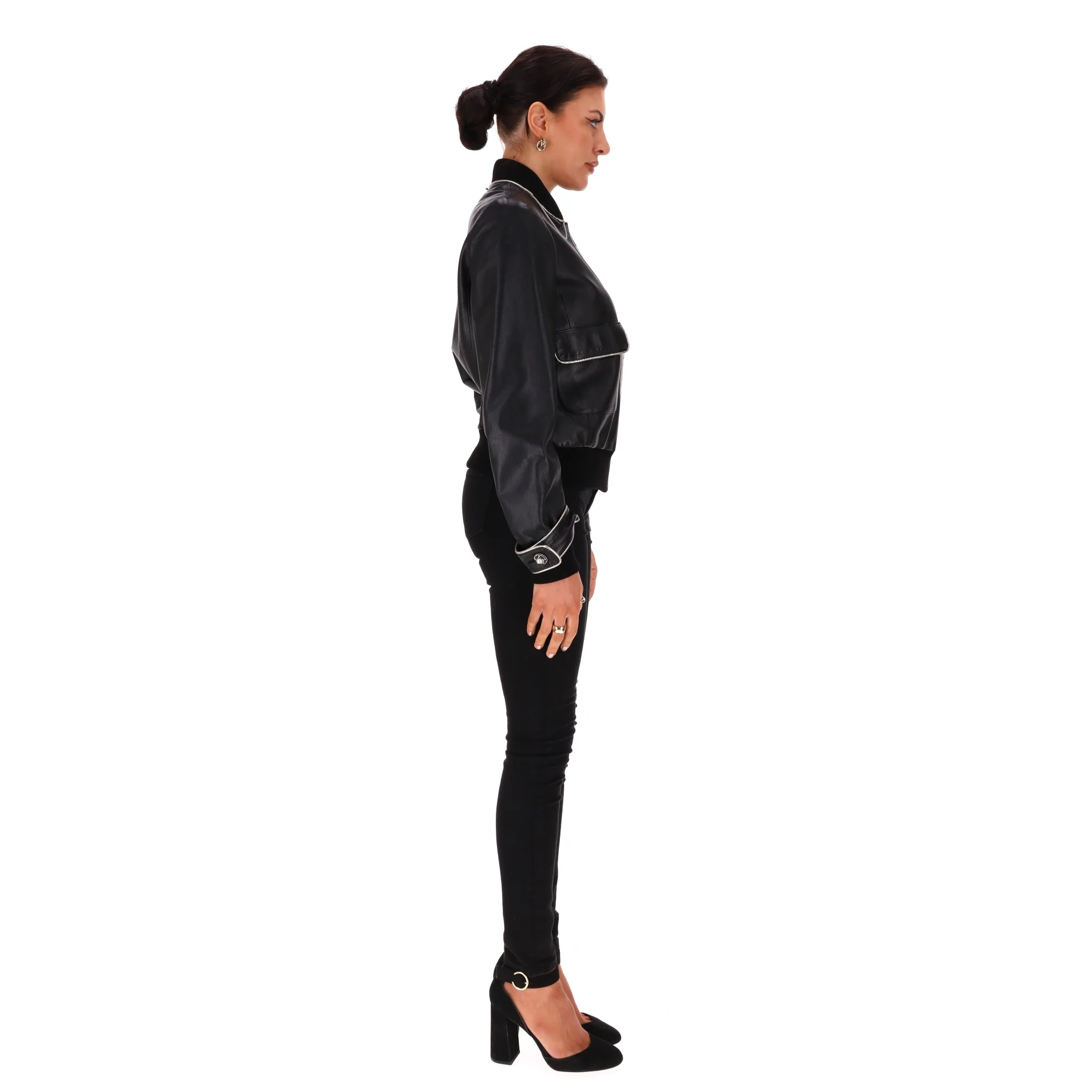 Chanel Leather Bomber Jacket With Pearl Buttons. Size 42IT - Image 3