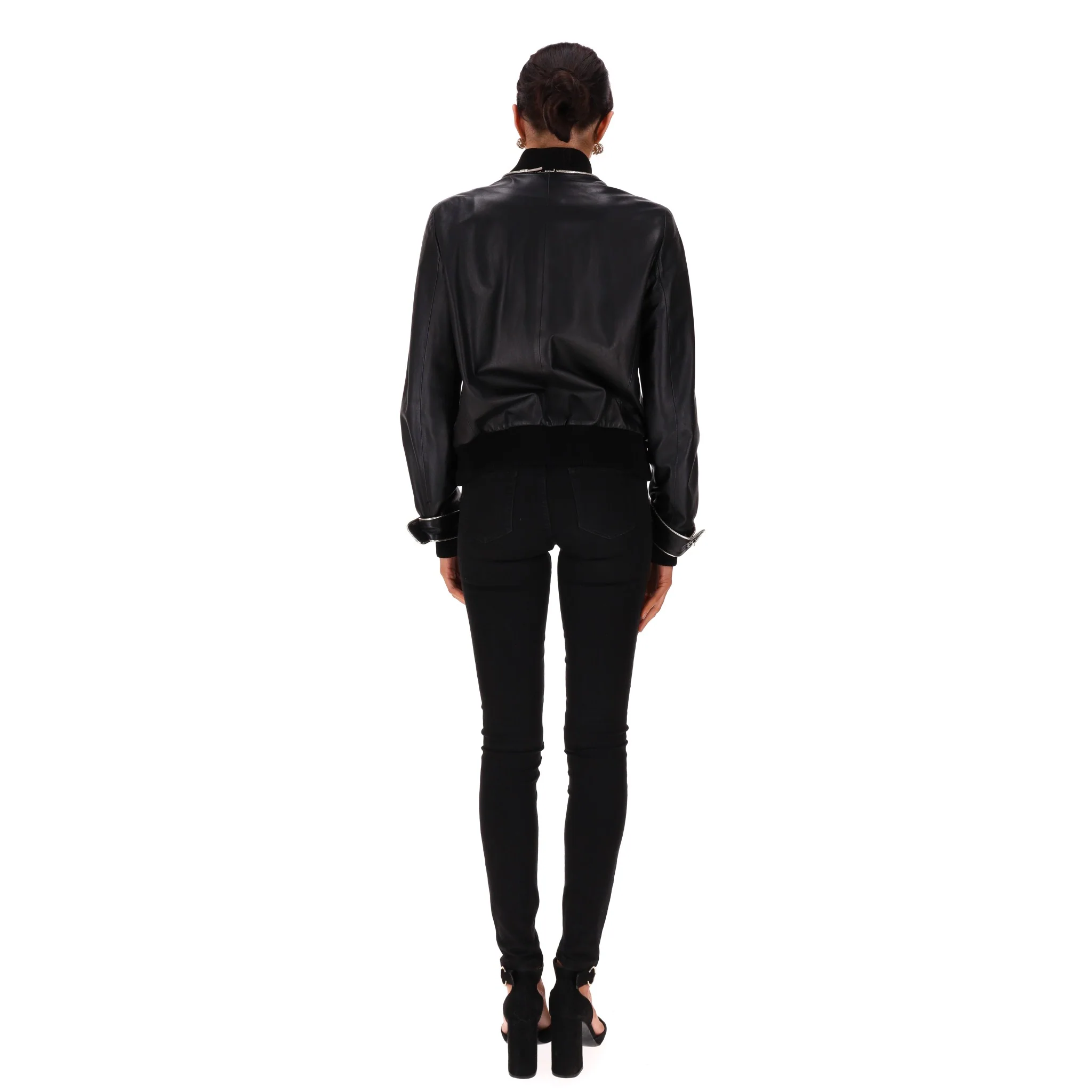 Chanel Leather Bomber Jacket With Pearl Buttons. Size 42IT - Image 4