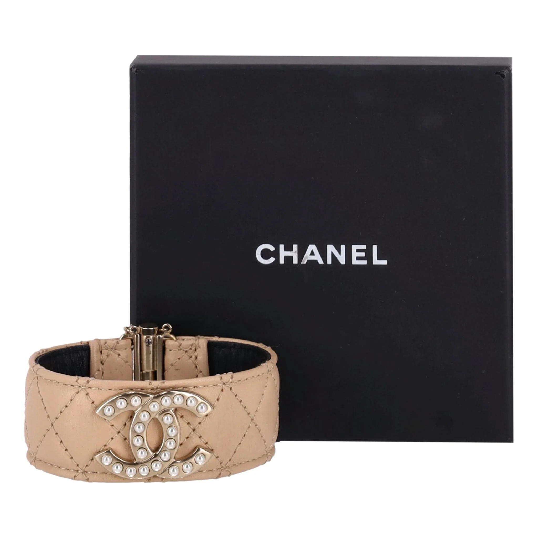 Chanel Quilted Leather Cuff Bracelet With Pearl 'CC' Logo - Image 3