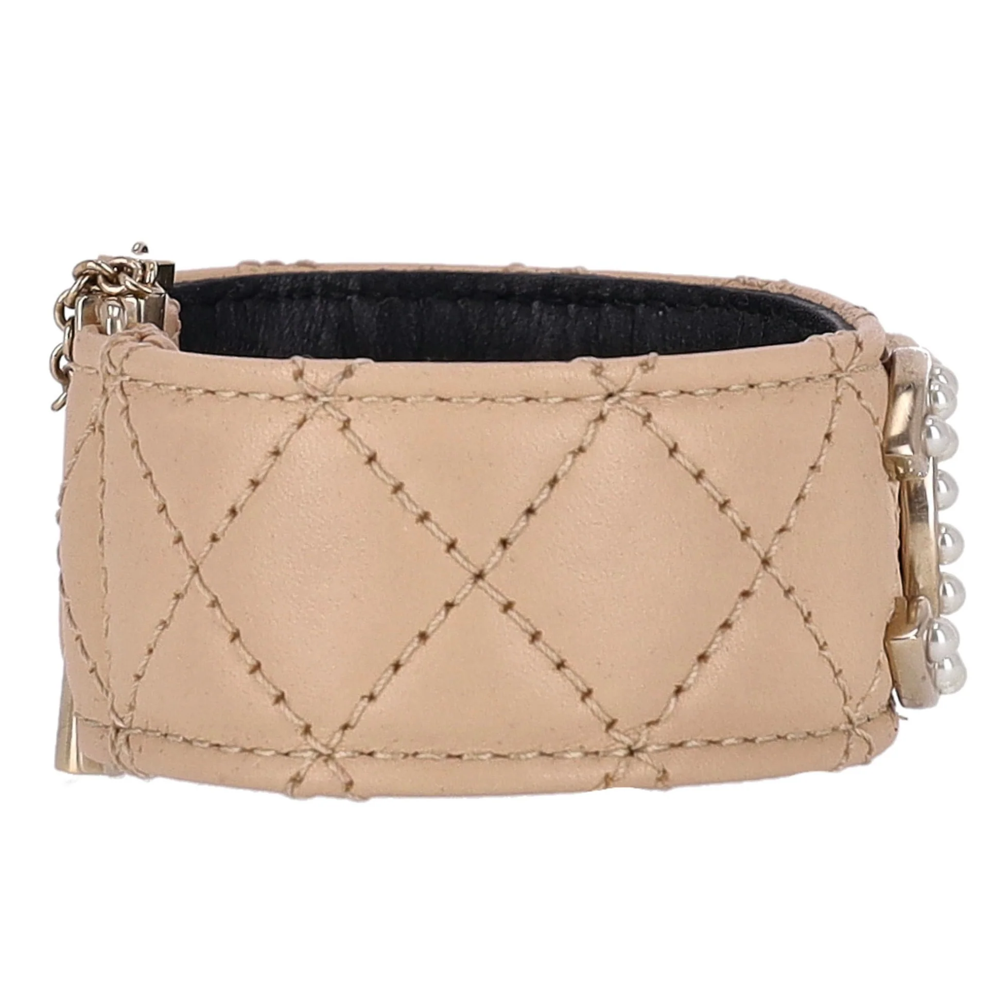 Chanel Quilted Leather Cuff Bracelet With Pearl 'CC' Logo - Image 5