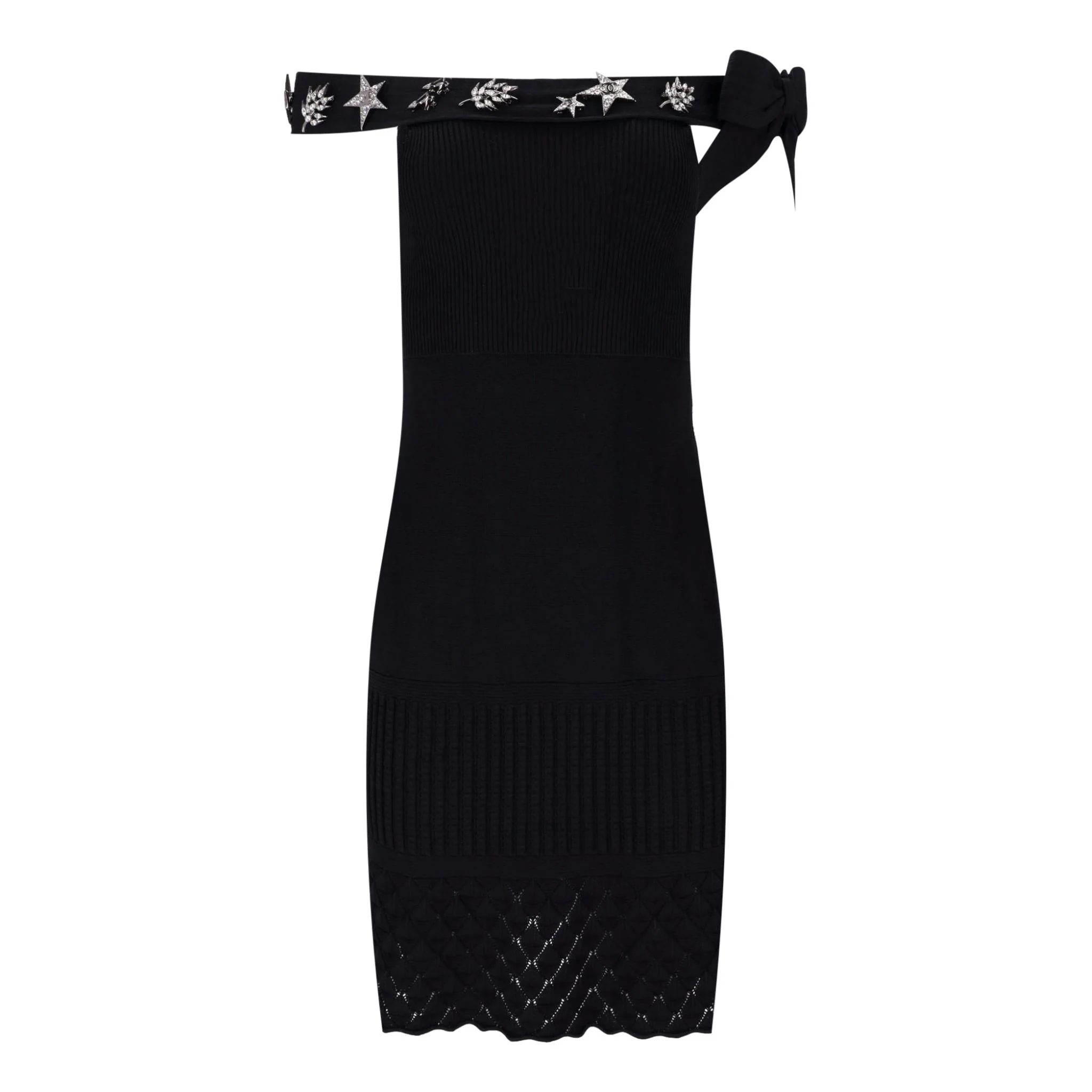 Chanel Off-The-Shoulder Dress With Crystal & 'CC' Logo Embellished Brooches. Size 40FR)