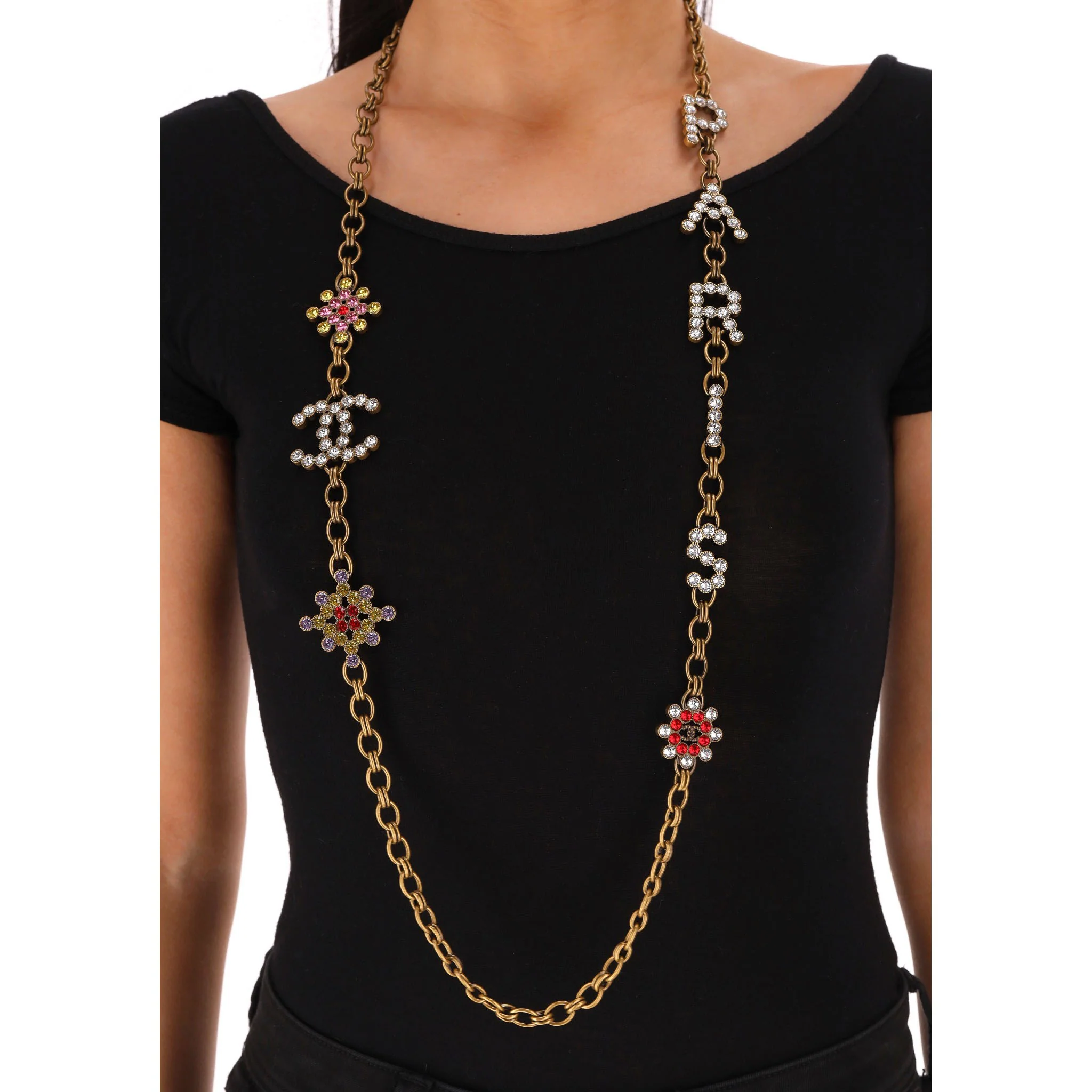 Chanel 'Paris' Antique Gold Strass & Crystal 'CC' Logo Necklace - Image 7